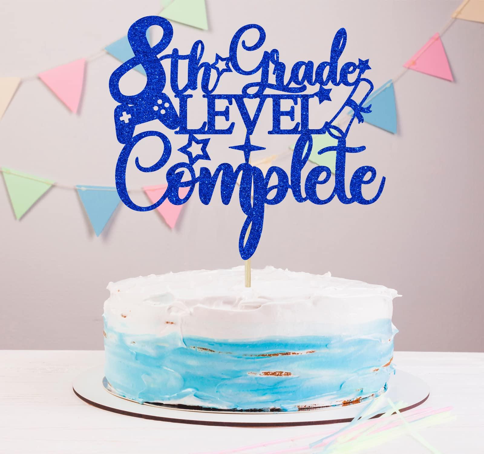 RLXPT 8th Grade Grad Cake Topper, Next Stop High School, Out Middle School Cake Decorations, 2024 Graduation Party Decorations Blue Glitter
