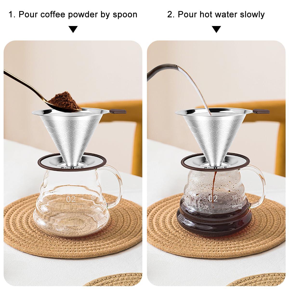 FACIACC FACIACC Pour Over Coffee Dripper, Professional Stainless Steel Coffee Filter, Paperless and Reusable, Upgraded Double Micro Mesh Filter with Spoon and Silicone Tray, Cleaning Brush (3-4 Cup)