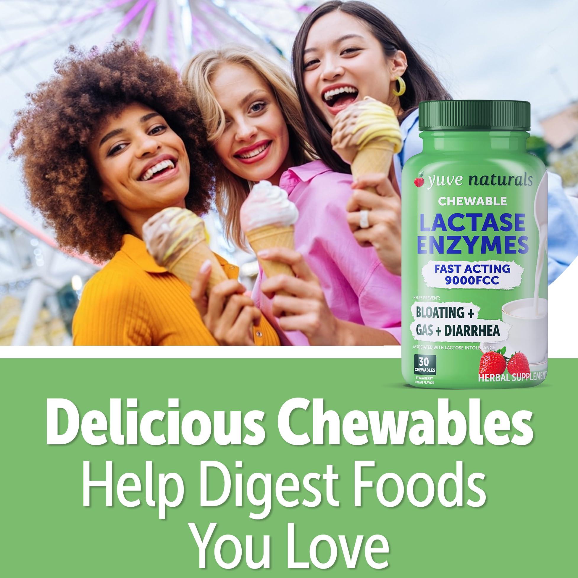 Yuve Fast Acting Dairy Relief Chewables - Natural Lactase Enzyme 9000 FCC - Say Goodbye to Dairy Discomfort - Dairy Pills for Lactose Intolerance Pills Chewable - Delicious Strawberry Cream Flavor - 30ct