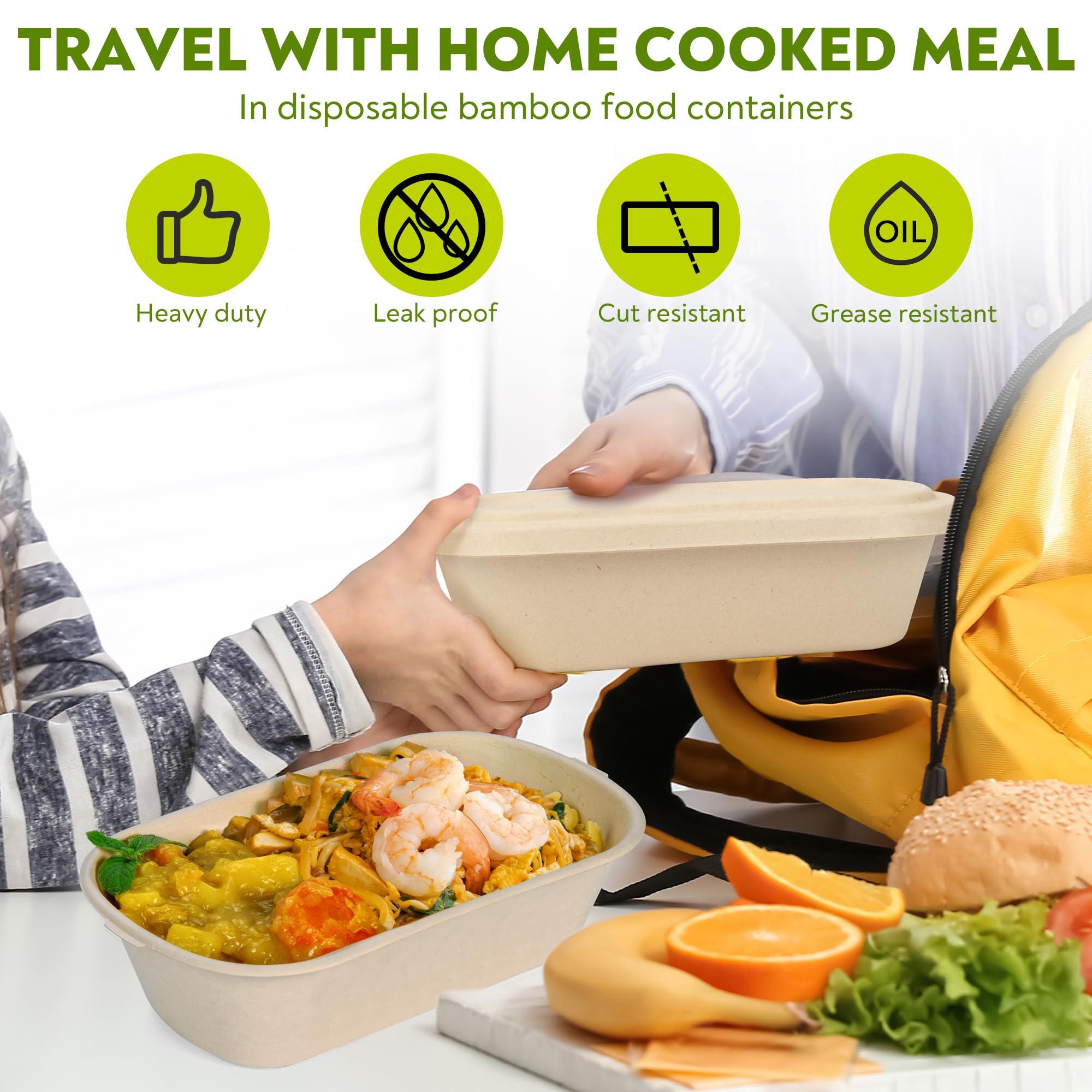 Enviro Safe Home 37 Oz Bamboo Disposable Food Containers, 50 Pack - Heavy Duty, Microwavable, Oven Safe - Perfect For Meal Prep, Salads, Lunch, To Go Food - Biodegradable (Brown)