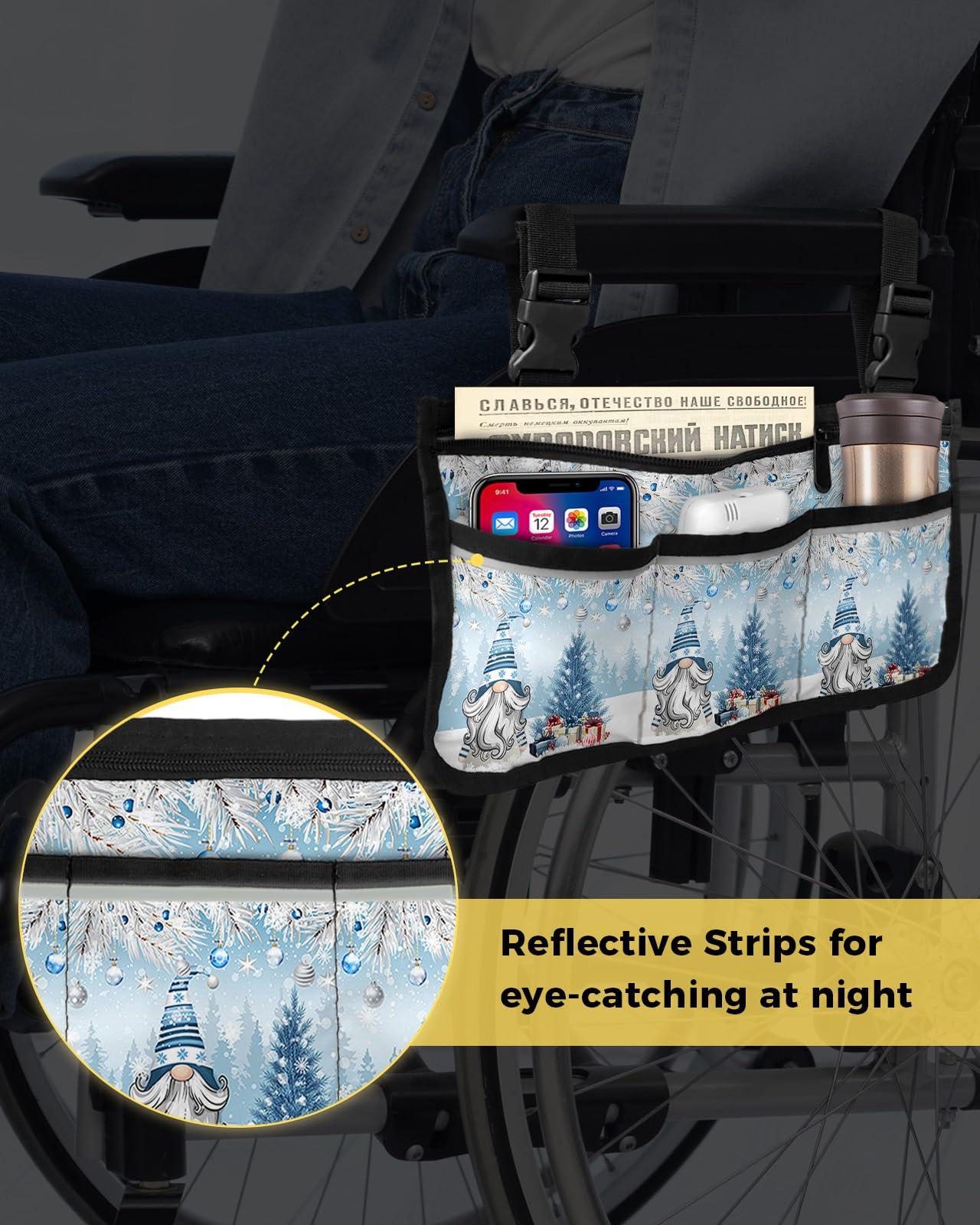 Sabolny Christmas,Wheelchair Side Bag, Wheelchair Walker Armrest Bags with Cup Holder & Reflective Stripes, Mobility Scooter Walker Rollator Wheelchair Accessories Winter Gnomes Xmas Silver Tree Pine Blue