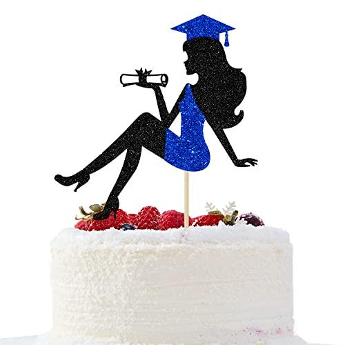 ALBESSULI Graduation Cake Topper 2023, Graduation Girl Cake Topper, Congrats Grad Girl Graduation Cake Decor, Girls Graduation Party Decorations, Black and Blue Glitter
