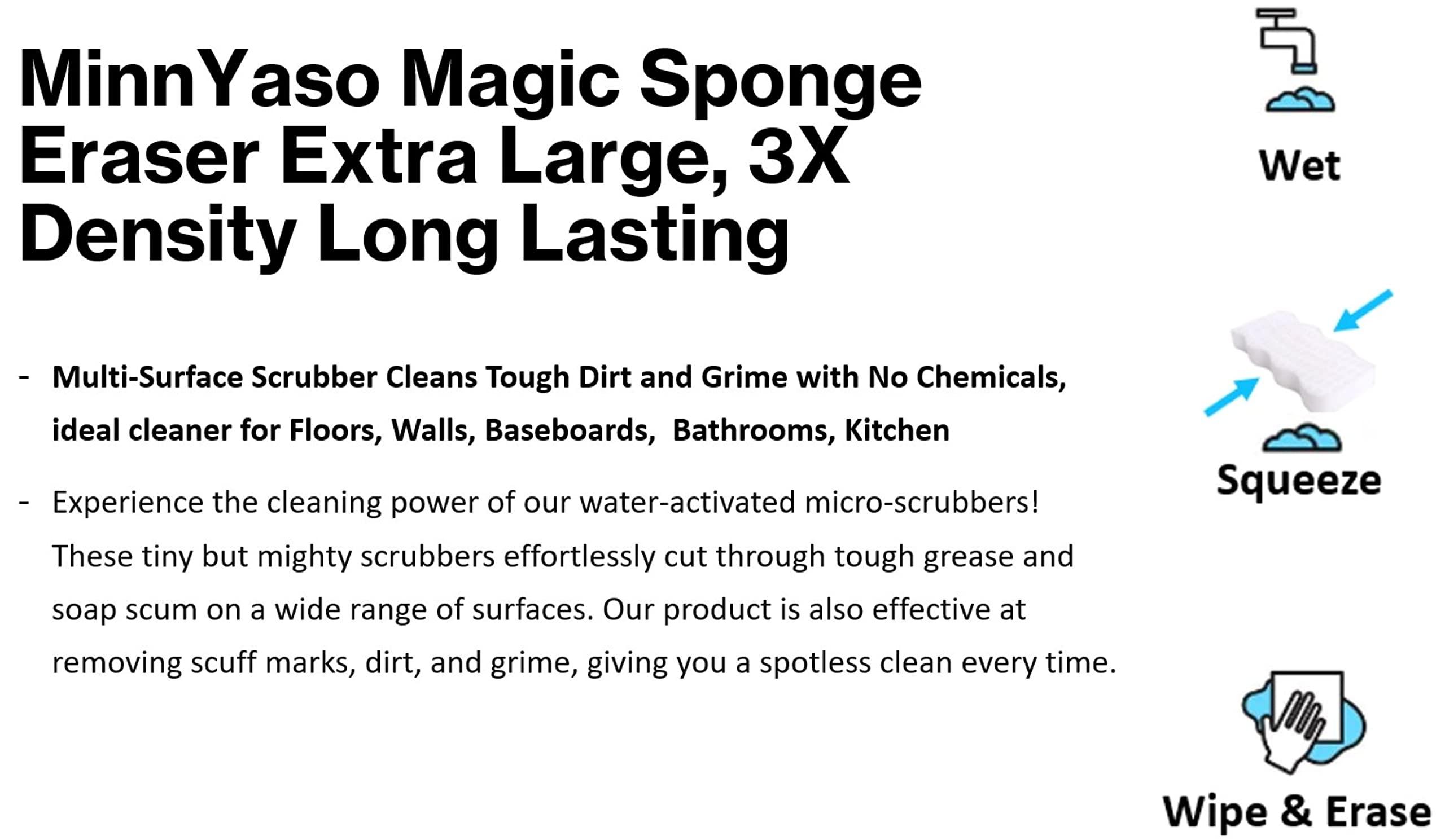 MinnYaso 50 Pack Magic Sponge Eraser Extra Large Extra Thick Long Lasting, Premium Magic Erasing Sponges in Bulk - Multi Surface Power Eraser Cleaning Pads Kitchen, Bathtub, Floor, Baseboard, Bathroom, Walls