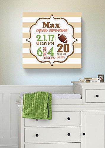 MuralMax Personalized Stretched Canvas Birth Announcement Gift, Custom Baby Name, Date, Weight Stats, Newborn Football Nursery Wall Art Decor, Wooden Frame Construction, Ready to Hang 12X12
