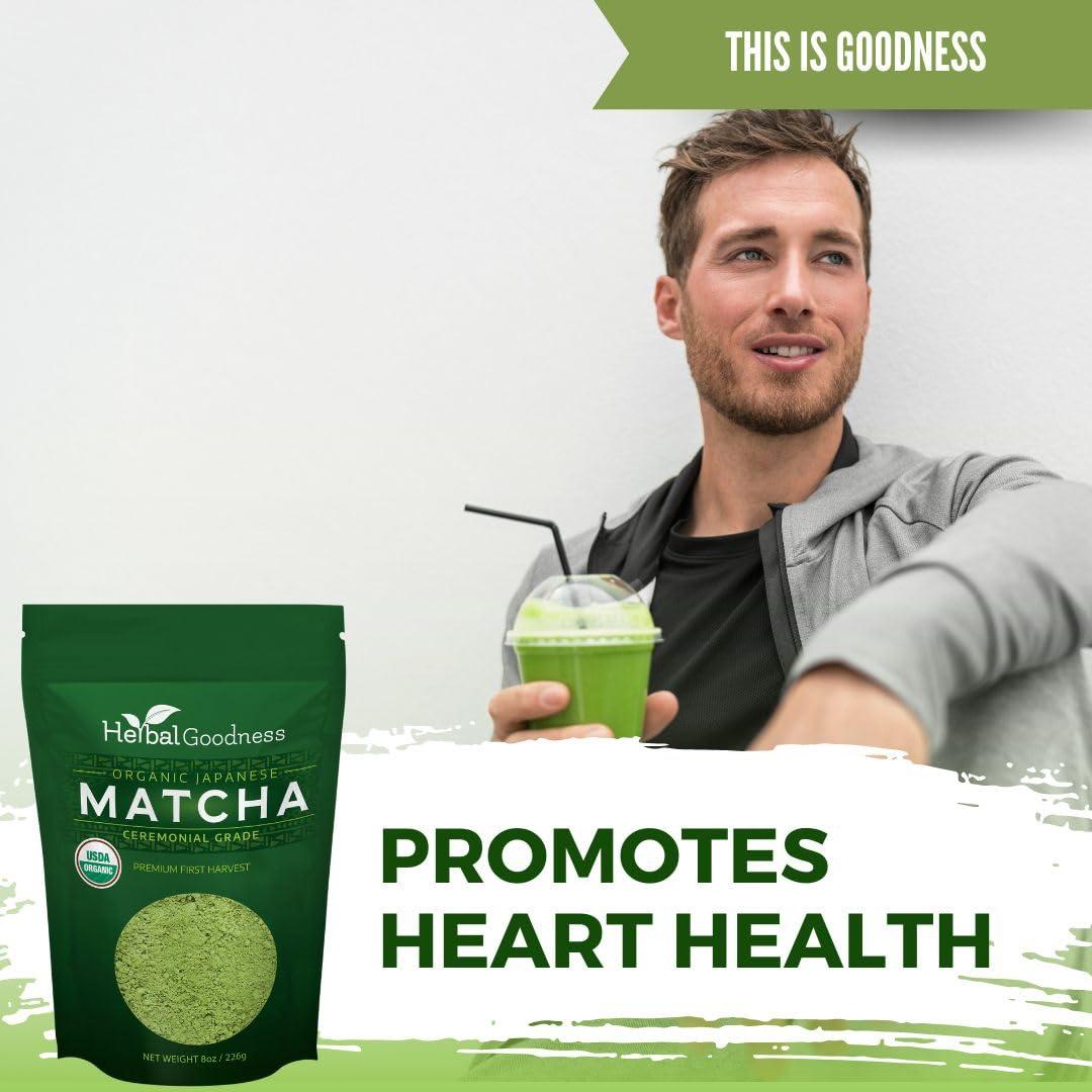 Herbal Goodness Matcha Organic Green Tea Powder - Japanese Ceremonial Grade Matcha Powder, Premium First Harvest, Matcha Tea for Health & Vitality, Non-GMO, USDA Organic Macha - 8oz/224g - Herbal Goodness