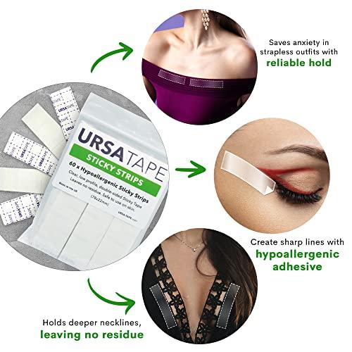 URSA Straps URSA Tape Sticky Strips No-Residue Clear Hollywood Fashion Tape for Women Double Sided | for Costumes, Dresses, Shoes & More | Body Tape for Delicate Skin, Double Sided Fabric Tape for Clothes 60 Pack