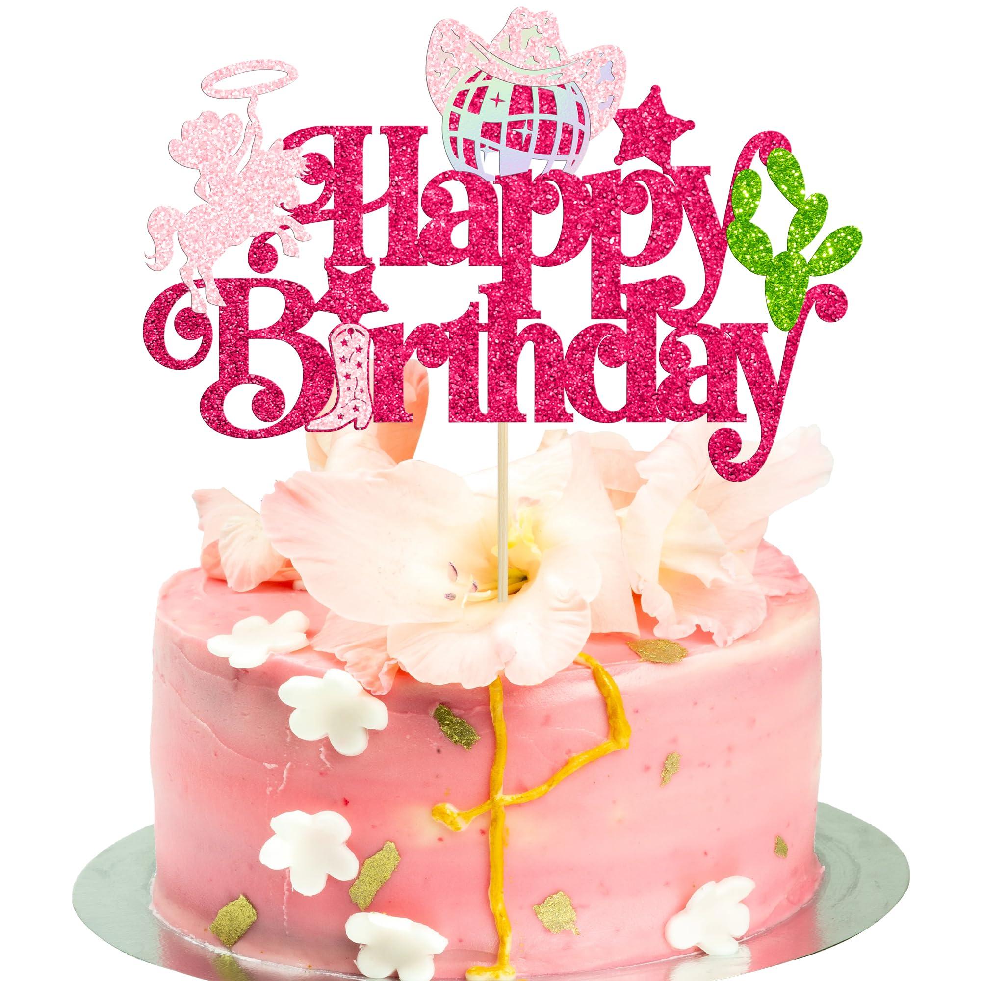Ephlyn Ephlyn 1Pc Cowgirl Happy Birthday Cake Topper Glitter Western Cowgirl Birthday Cake Pick Hat Boot Disco Cowgirl Cake Decoration for Cowgirls Theme Women Birthday Party Decorations Supplies Pink