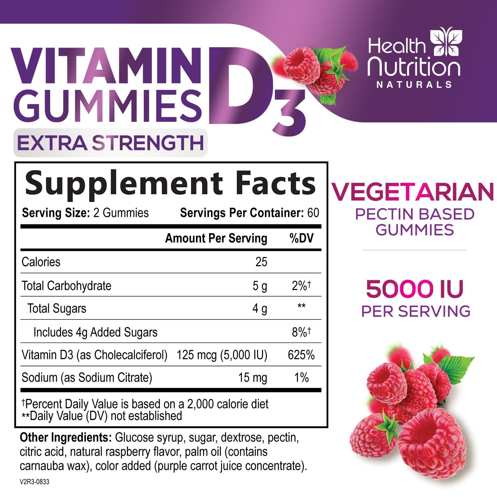 Health Nutrition Naturals Vitamin D3 Gummies Extra Strength 5000 IU (125 mcg) - Bone, Teeth, Muscle & Immune Support Vitamin D Gummy Dietary Supplement, Nature\'s Berry Vitamin D Supplement, Non-GMO - 120 Gummies