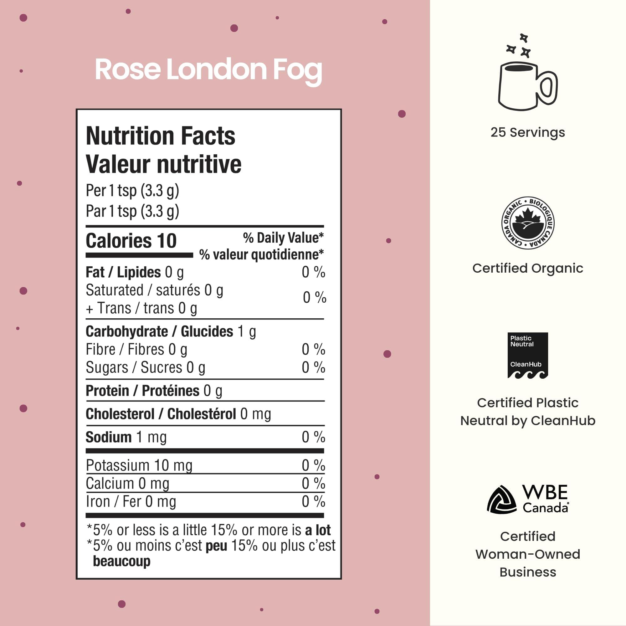 Blume Blume Organic Rose London Fog Earl Grey Tea | Decaf Black Tea, Rose Petal Powder, Vanilla, Tart Cherry, and Bergamot | Plant Based Superfood Latte | Vegan Gluten Free Drink | 30 Servings