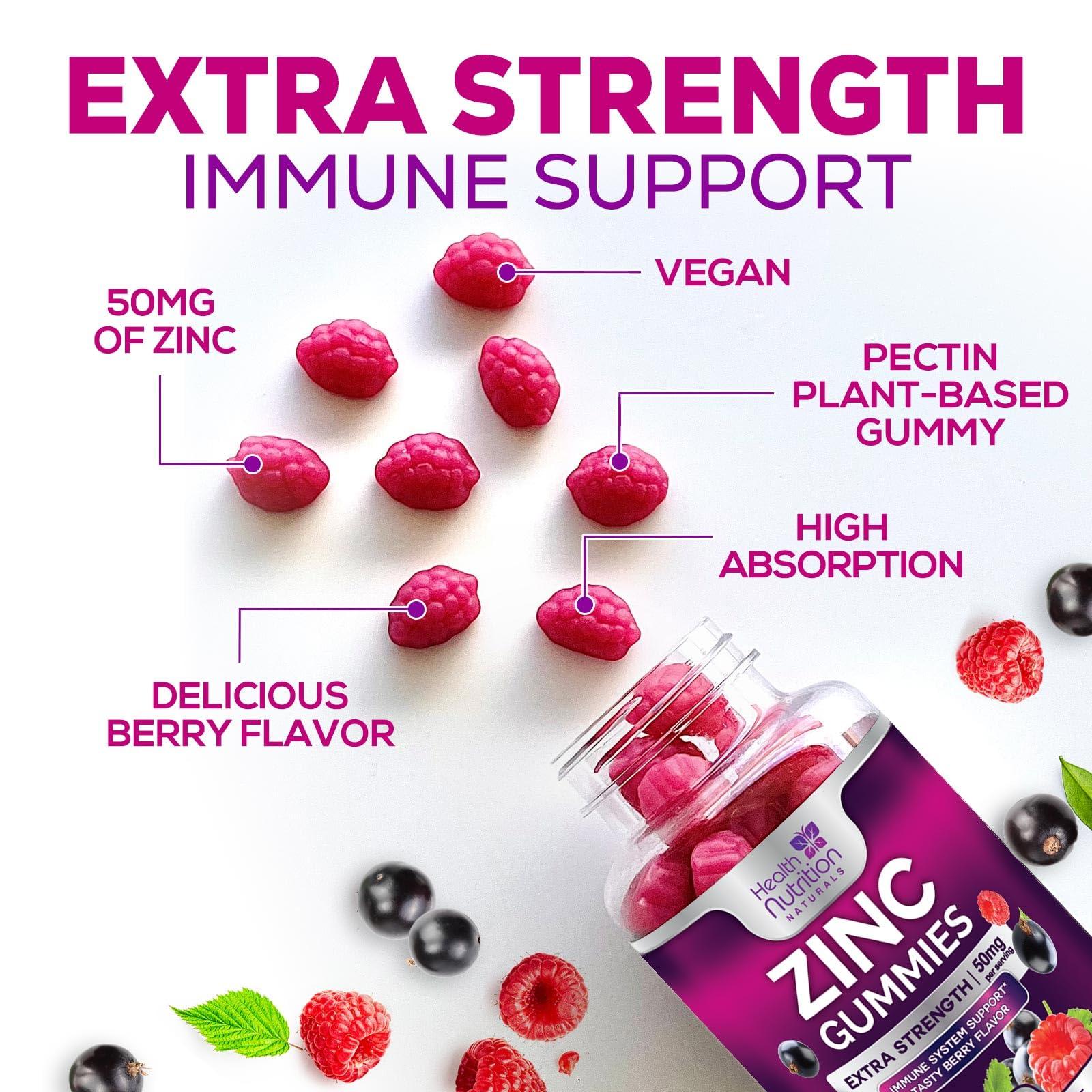 Health Nutrition Naturals Zinc Supplement Gummies 50mg, Max Strength Bone, Skin & Immune Support Zinc Supplements for Women & Men, Vegan, Non-GMO & Gluten Free, Immune Health Support, Antioxidant Zinc Vitamins - 60 Gummies