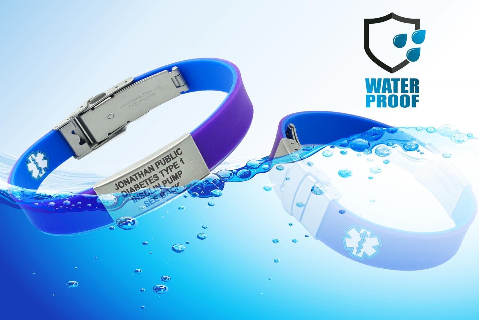 Universal Medical Data Medical Alert Bracelets - Slim Reversible Silicone Alert Band for Women & Men, Customizable Laser Engraved with Emergency Medical Card & Personal Health Record Access - Blue/Purple