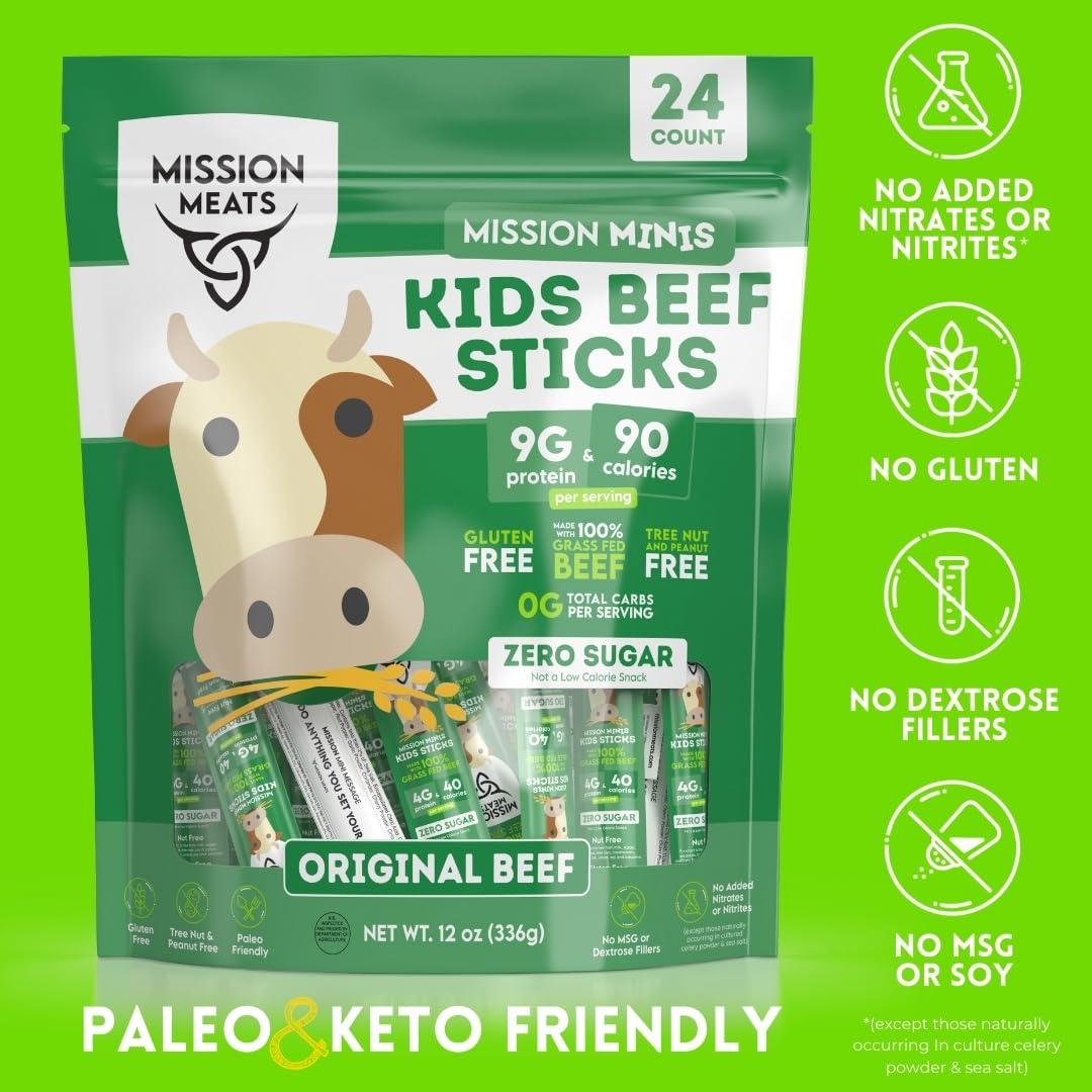 EST. 2015 MISSION MEATS Mission Meats Kids Beef Sticks 100% Grass Fed & Pasture Raised, Healthy Snacks for Kids and Toddlers, Gluten & Nut Free, Non-GMO, 0.5oz, 24 Count (Pack of 1)