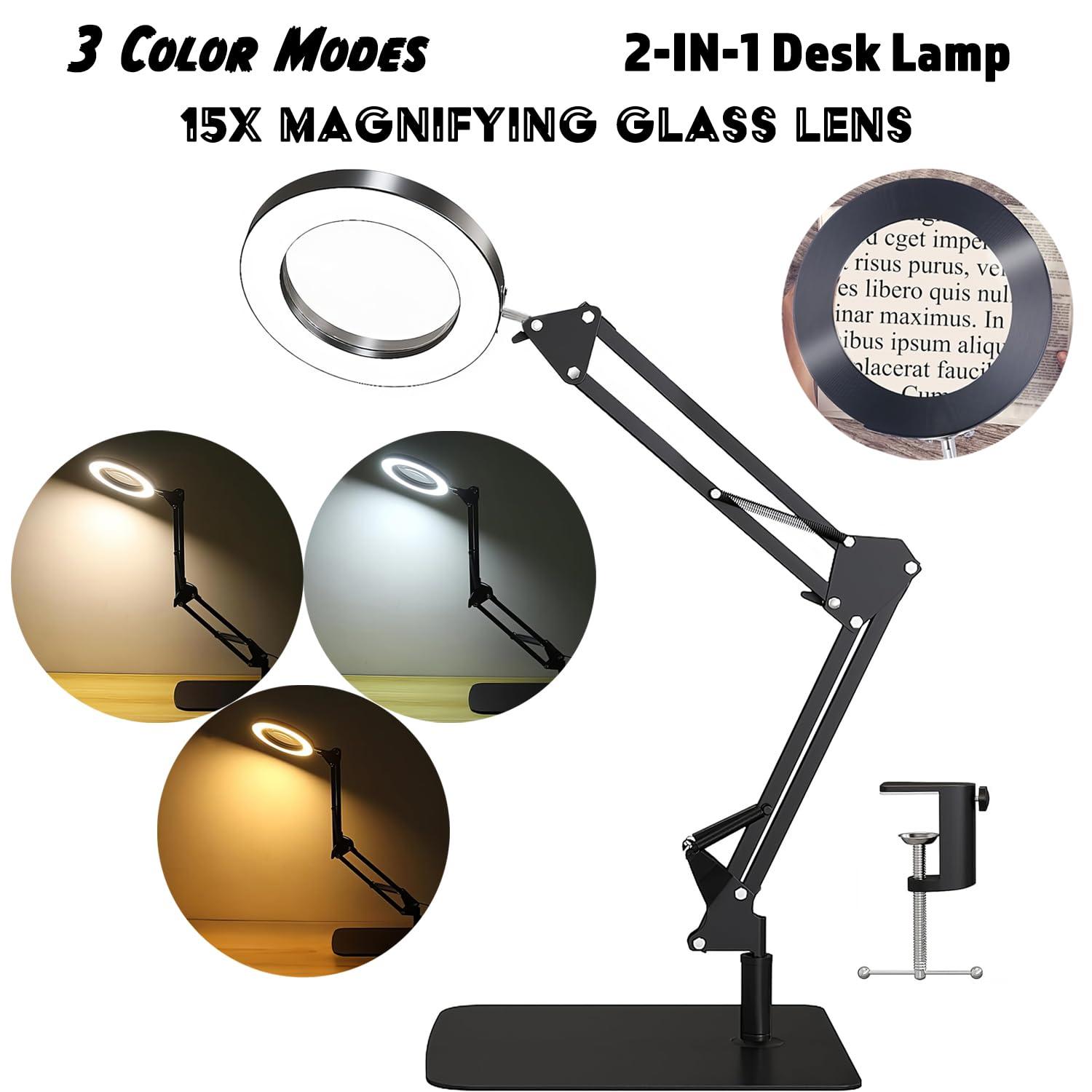 Soobuygoo 15X Magnifying Glass with Light, Table Lamp with Stand and Clamp, 2-in-1 LED Desk Lamp with Magnifier, 3 Color Modes, 72 LEDs, Real Glass Lens for Close Works, Craft, Hobby, Painting, Reading, Repair