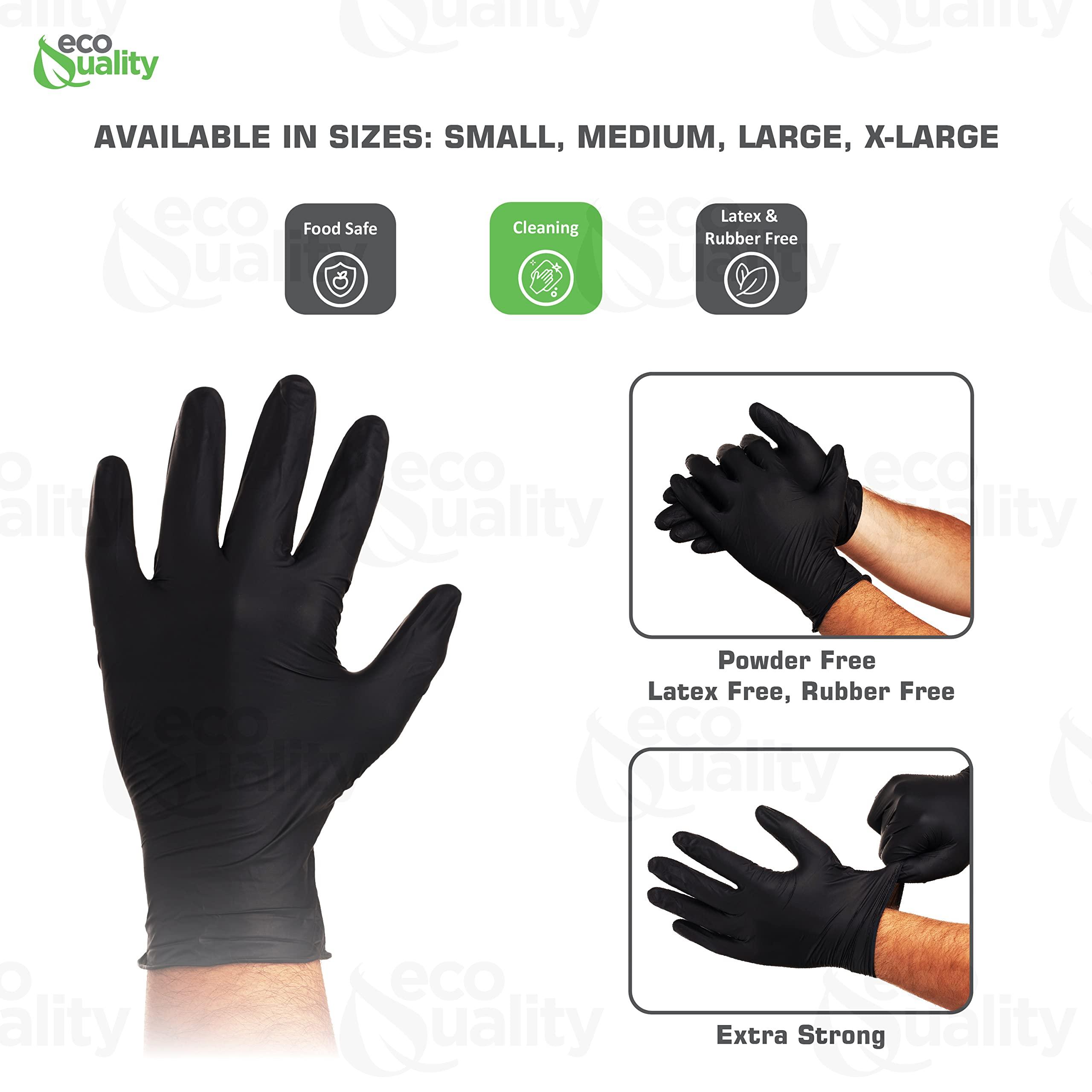 EcoQuality EcoQuality Disposable Black Nitrile Gloves - Heavy Duty, Powder Free, Latex Free, Non-Sterile, Food Safe, Chemical Resistant, 4 Mil (Large, 100, Count)