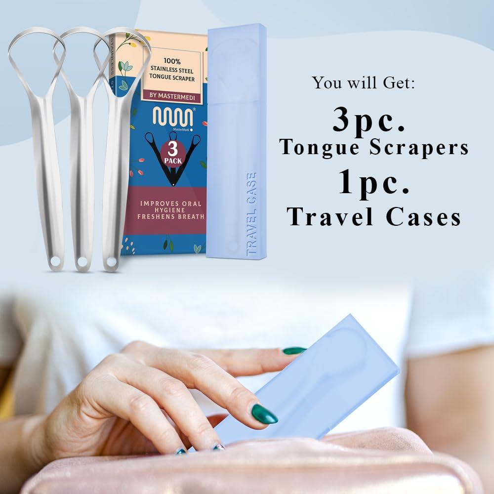 mastermedi MasterMedi Tongue Scraper for Adults, 100% Stainless Steel for Bad Breath, Easy to Use, Tongue Cleaner for Oral Care (Pack of 3 with Case), White