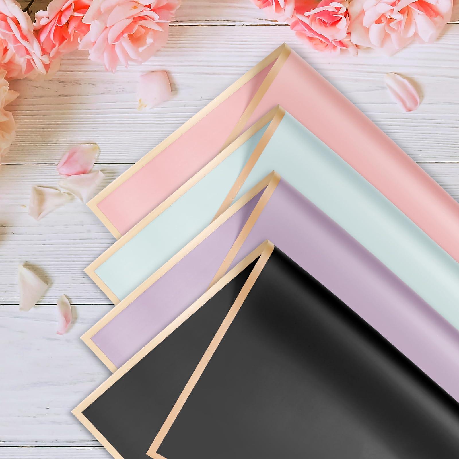 Buperor Buperor 20 Sheets Flower Bouquet Wrapping Paper, 22.5 x 22.5 inch Folding Package Floral Wrapping Paper for Wedding Birthday Valentine\'s Day Gift DIY Bouquets Gold Trim Emerald