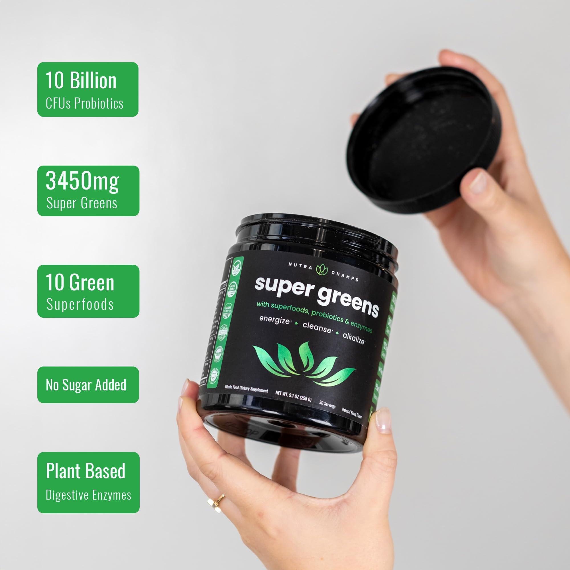 NutraChamps NutraChamps Super Greens Powder Premium Superfood | 20+ Organic Green Veggie Whole Foods | Wheat Grass, Spirulina, Chlorella | Antioxidant, Digestive Enzyme & Probiotic Blends (9.0 Oz, Berry)