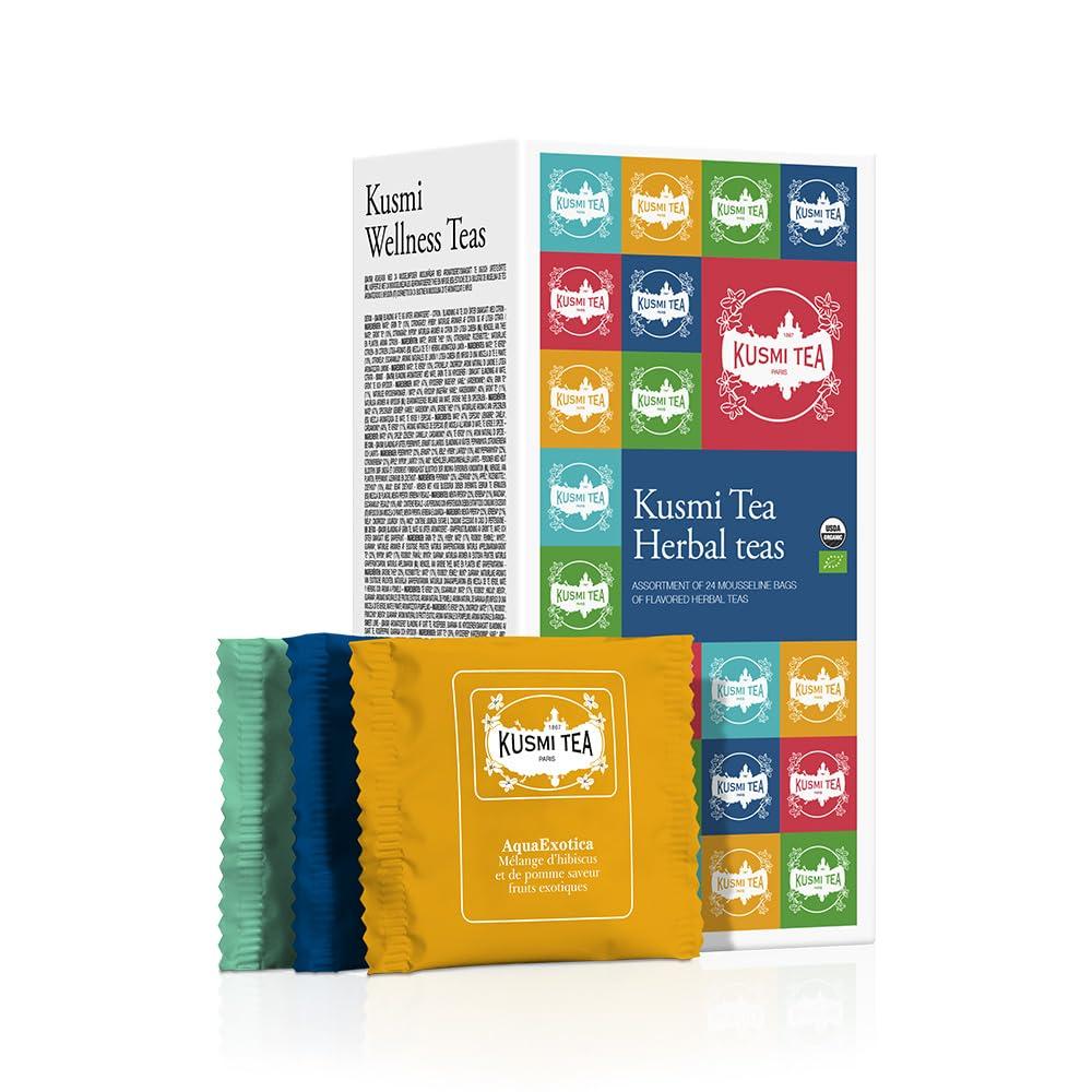 KUSMI TEA Kusmi Tea - Organic Herbal Tea Gift Set - Sampler Assortment Variety Box - Gift Idea for Men and Women - Caffeine-Free Teas - Hibiscus Tea, Chamomile Tea, Rooibos - 9 Recipes - 24 Tea Bags