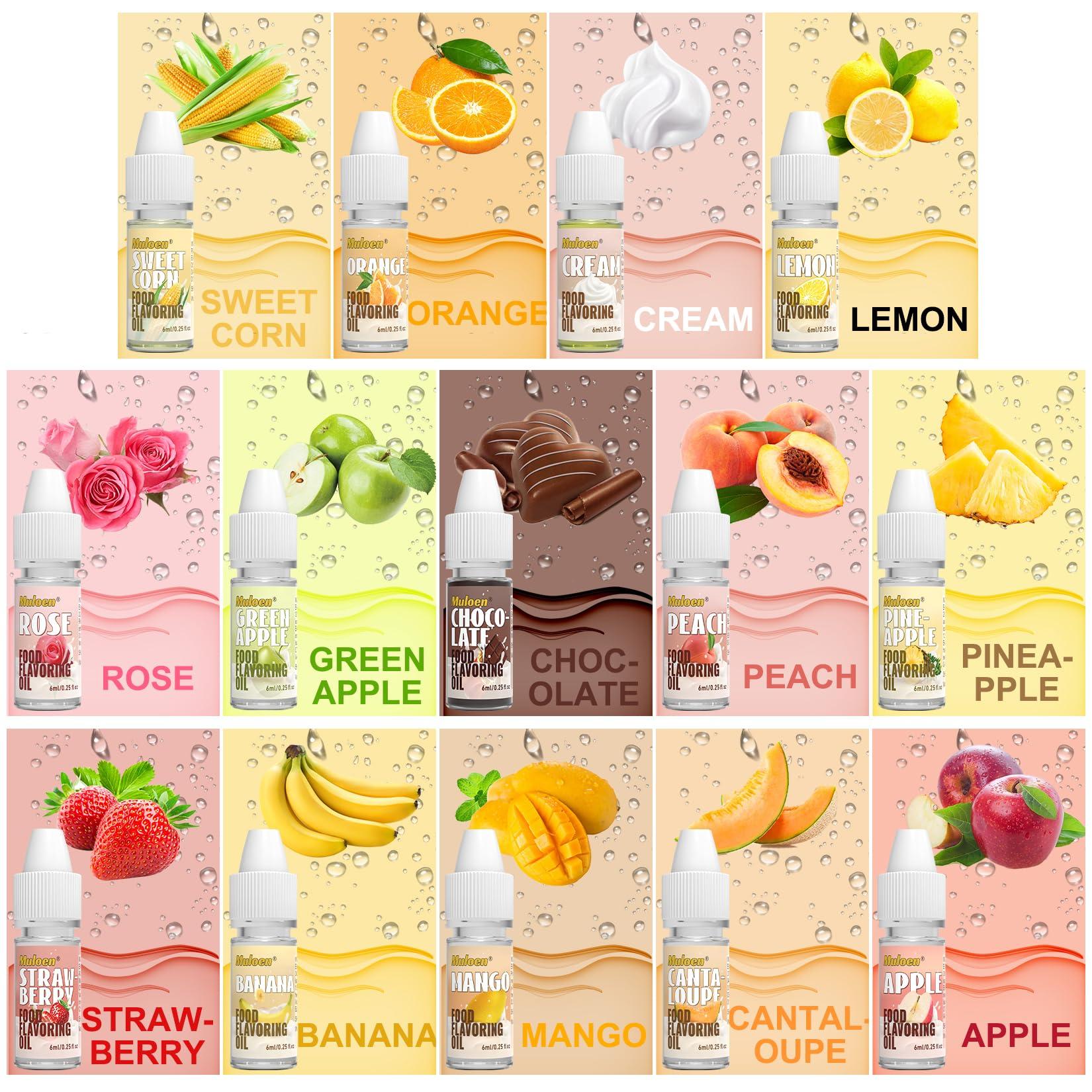 Muloen Food Flavoring Oil, 28 Flavors 100% Pure Natural Extract Liquid Oil - Water & Oil Soluble - Concentrated Candy Flavoring for Lip Balm, Baking, Drinks, Cooking, Soap - .25 Fl Oz (6 ml) Bottles