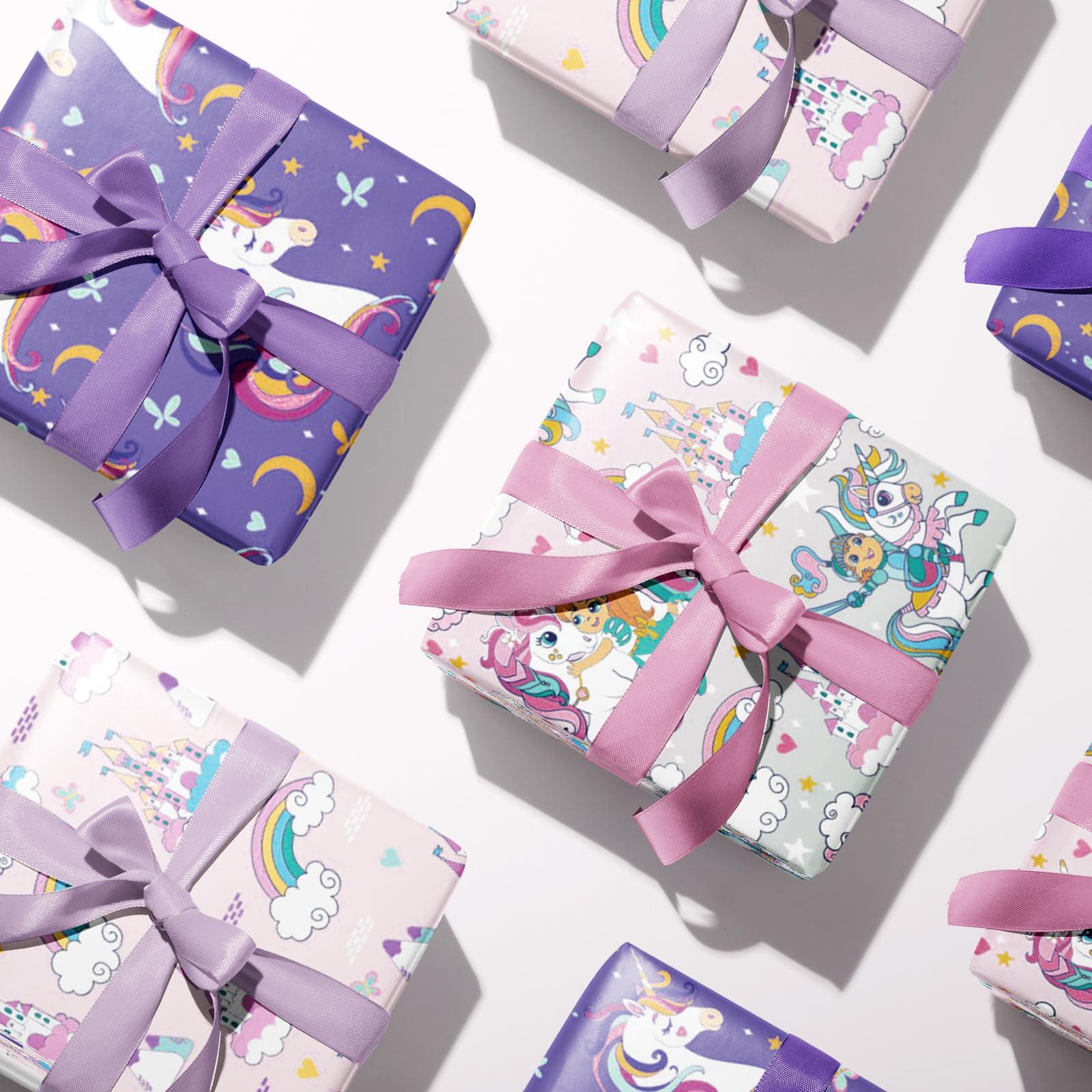 LeZakaa LeZakaa Unicorn Birthday Wrapping Paper Roll for Kids Girls Women, Purple Unicorn Wrapping Paper Rolls, Castle & Rainbow Gift Wrap for Birthday, Baby Shower Party Favor, 17 x 120 inches, 3 Rolls