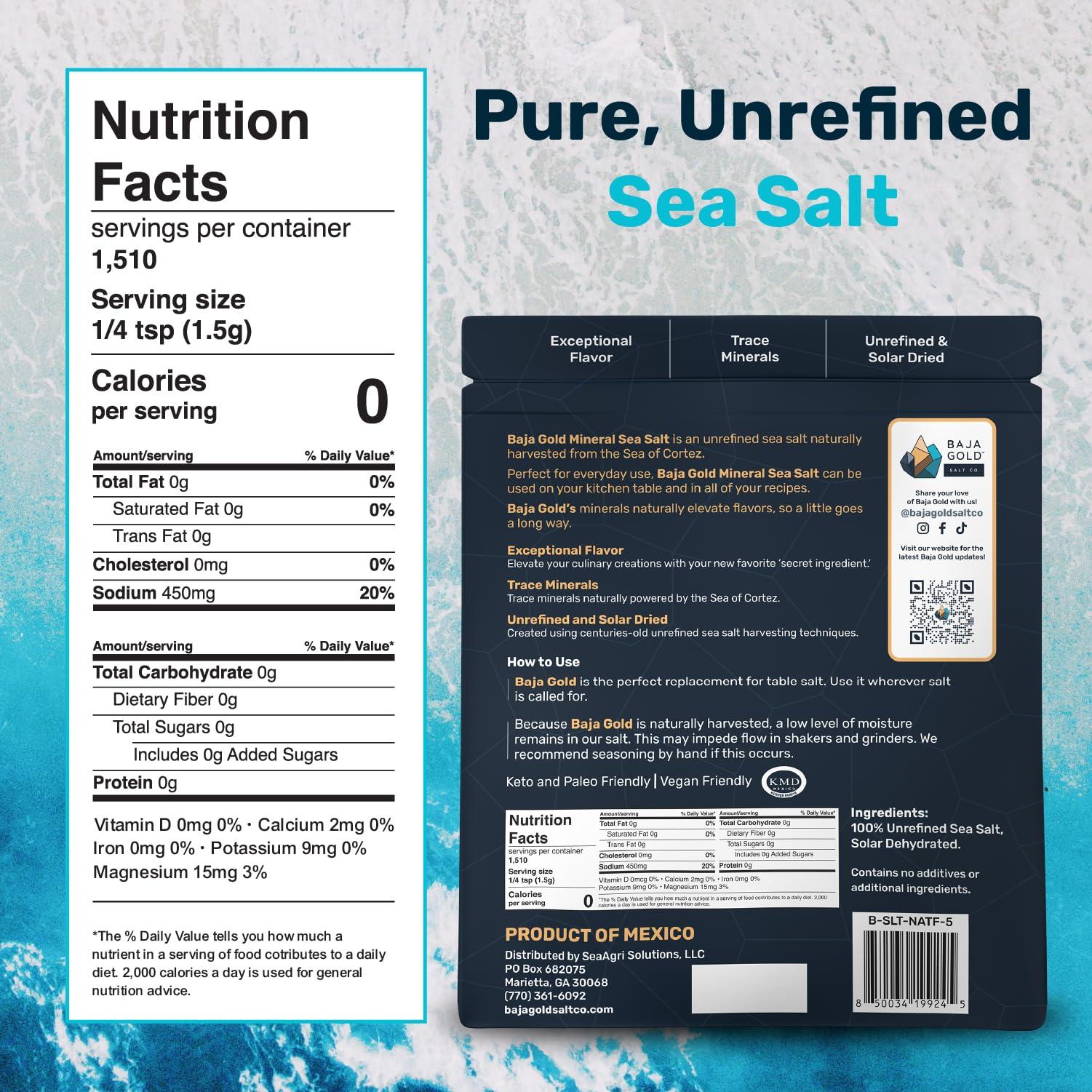 Baja Gold Baja Gold Mineral Sea Salt - Pure & Organic Natural Grain Salt for Cooking & Baking | Low Sodium, Authentic Baja Salt | Ideal for All Culinary Creations | 5 lb. Resealable Bag, 1,500+ Servings