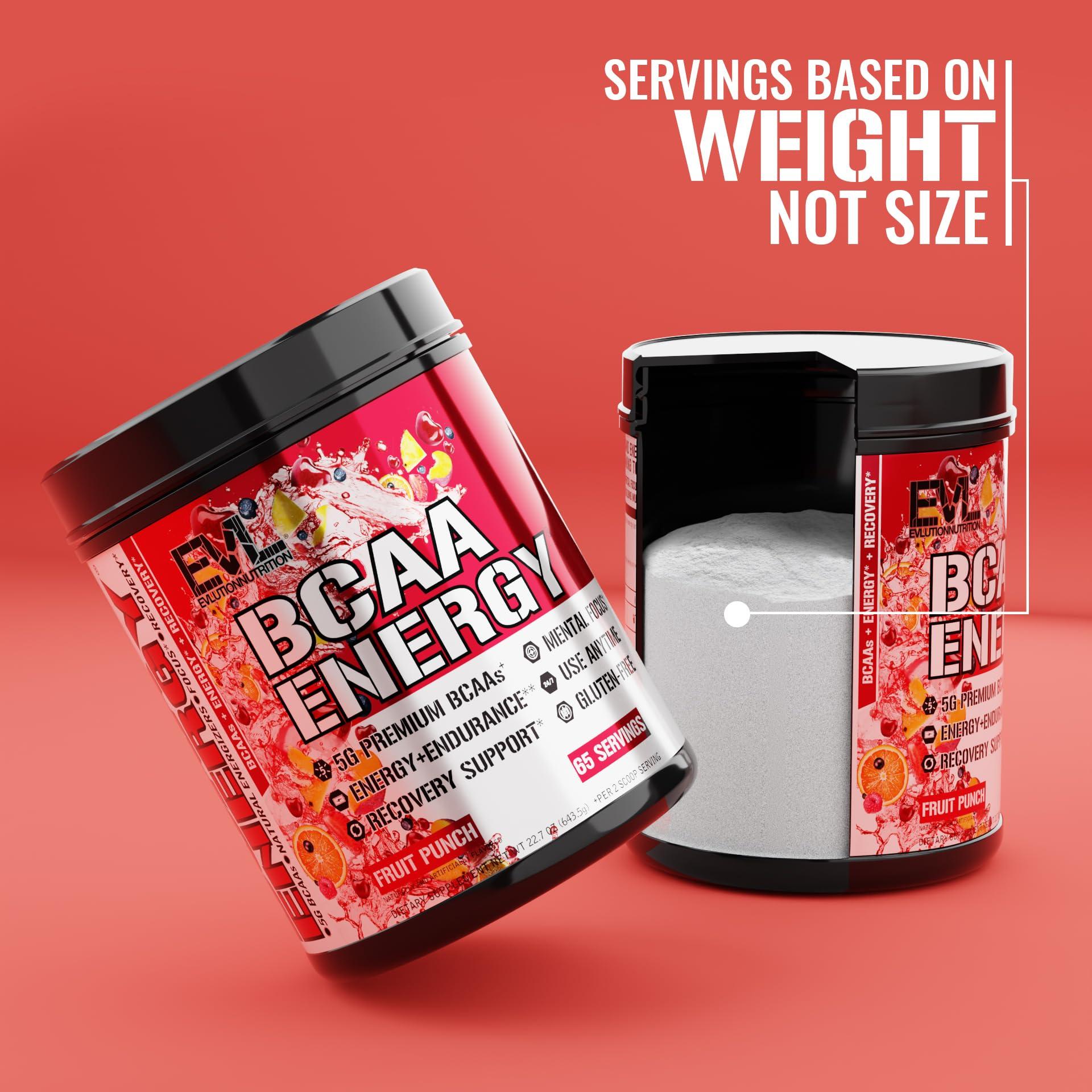Evlution EVL BCAAs Amino Acids Powder - BCAA Energy Pre Workout Powder for Muscle Recovery Lean Growth and Endurance - Rehydrating Post Workout Recovery Drink with Natural Caffeine - Fruit Punch