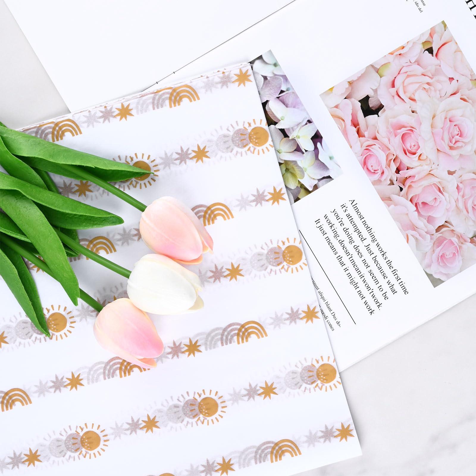 Bolsome 100 Sheets 20 * 14 Inches Sunshine Boho Rainbow Tissue Paper for Gift Wrapping Boho Wrapping Paper Printed Pastel Tissue Paper Bulk for Gift Bags for Birthday Wedding Baby Shower DIY Craft