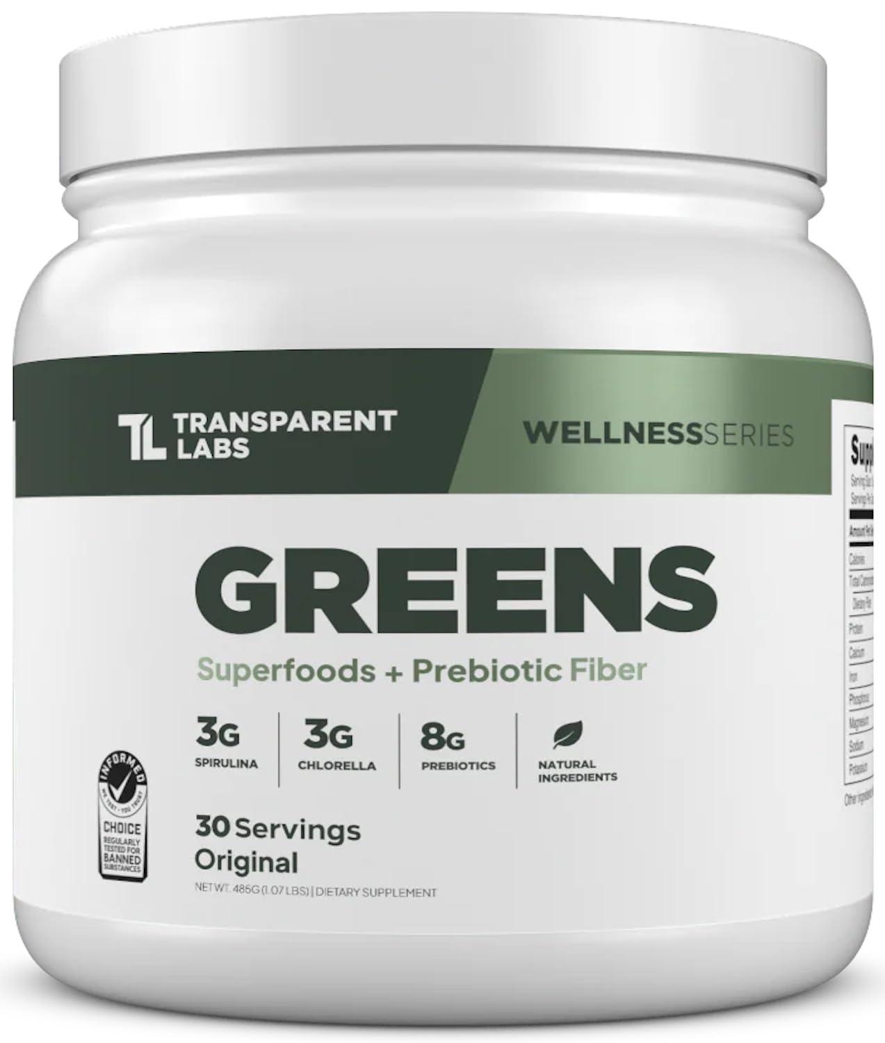 Transparent Labs Transparent Labs Prebiotic Greens - Superfood Powder & Antioxidants Supplement with Organic Spirulina, Chloerra, Acacia Powder, & Green Banana Powder - 30 Servings, Unflavored