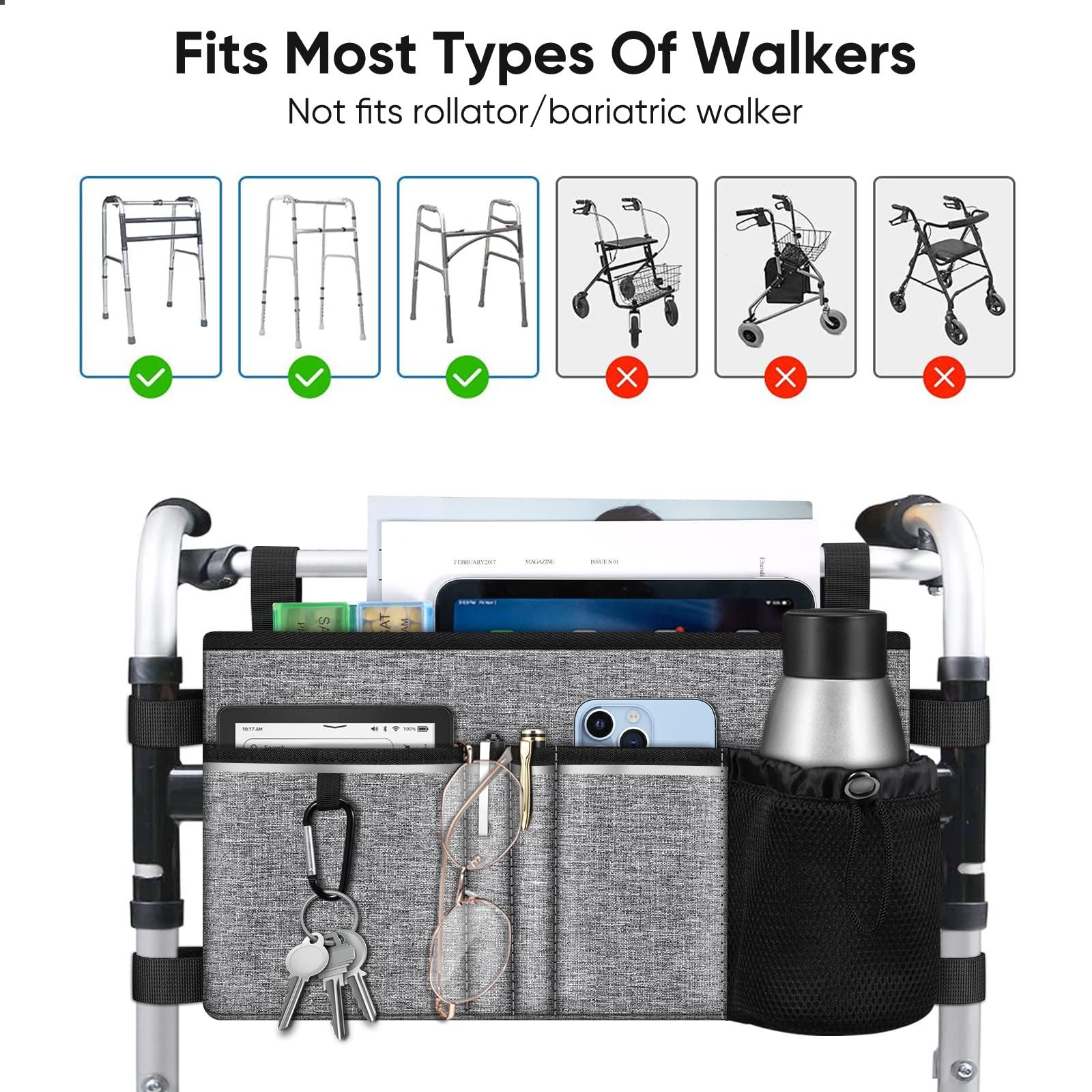 FINPAC FINPAC Large Walker Tote Bag with Cup Holder, Folding Walker Attachment Hands-Free Storage Basket Mobility Aid Accessory Pouch for Elderly, Senior, Gray