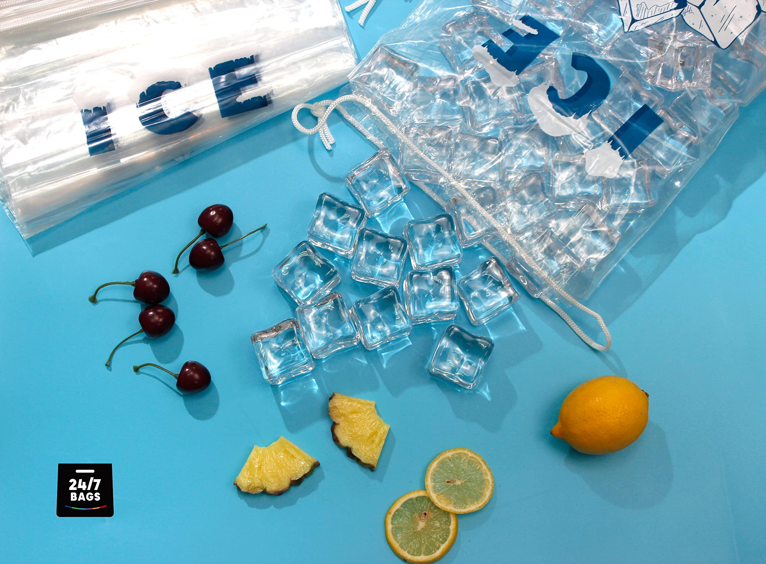 24/7 BAGS 100 Ice Bags, 10 LB Hold Capacity (12\"x20\"), Clear With Drawstrings, BPA-Free, Puncture Resistant, Heavy Duty
