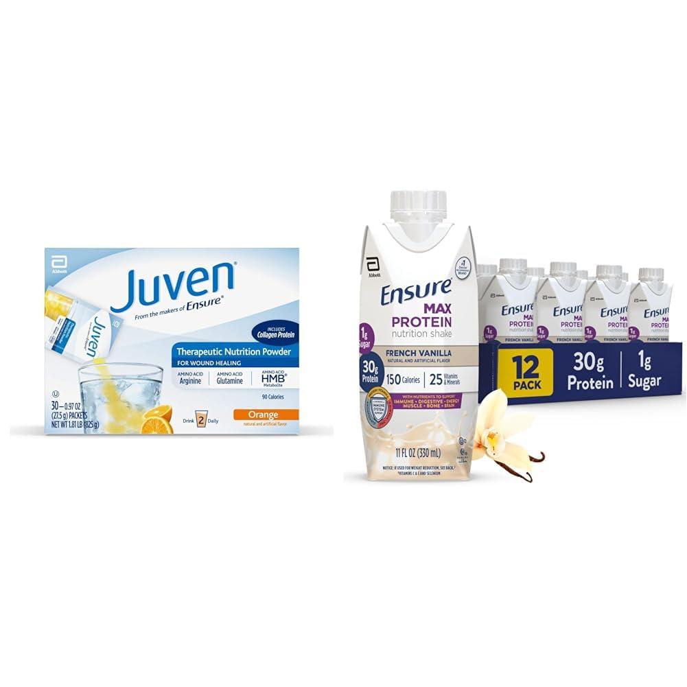 Juven Juven Therapeutic Nutrition Drink Mix Powder for Wound Healing, 30 Count + Ensure Max Protein Nutrition Shake, French Vanilla, 12 Pack