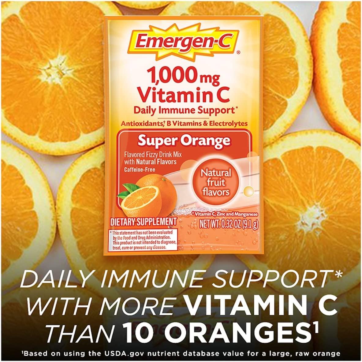 Emergen-C Emergen-C 1000mg Vitamin C Powder for Daily Immune Support Caffeine Free Vitamin C Supplements with Zinc and Manganese, B Vitamins and Electrolytes, Super Orange Flavor - 60 Count (Pack of 2)