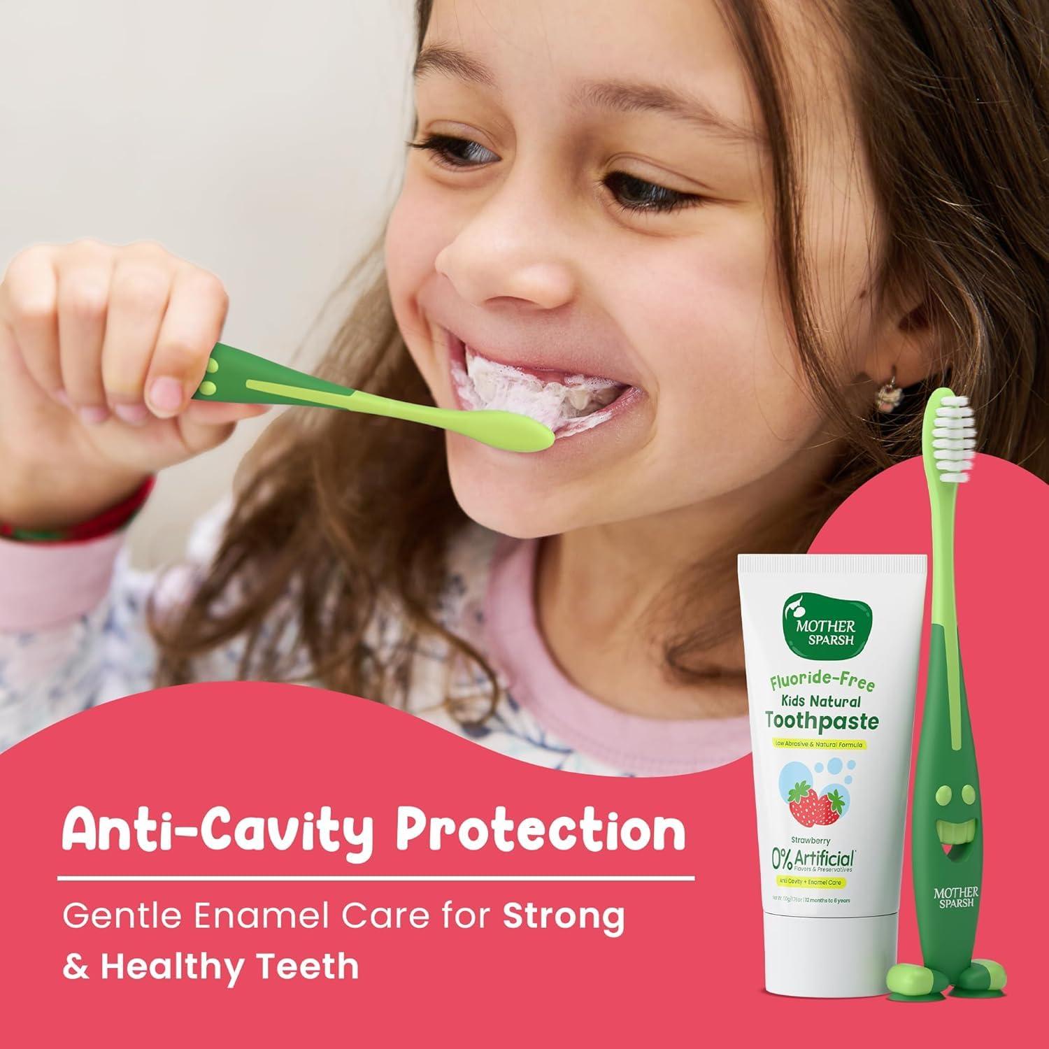 Mother;Sparsh Mother;Sparsh Natural Toothpaste for Kids-50g (with Free Toothbrush), Strawberry (Pack of 2) | Strengthens Gums, Whitens Teeth | Anti Cavity Baby Toothpaste Free from Preservatives & Fluoride