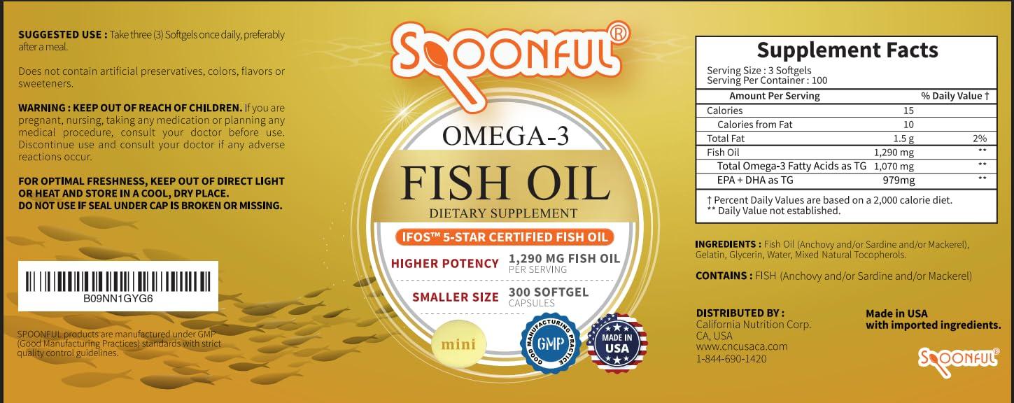 Spoonful Spoonful Mini Omega 3 Fish Oil, iFOS Certified, 1290 mg Per Serving, 300 Softgels Pearls, Small Size Easy to Swallow Capsules for Women and Seniors, Made in USA