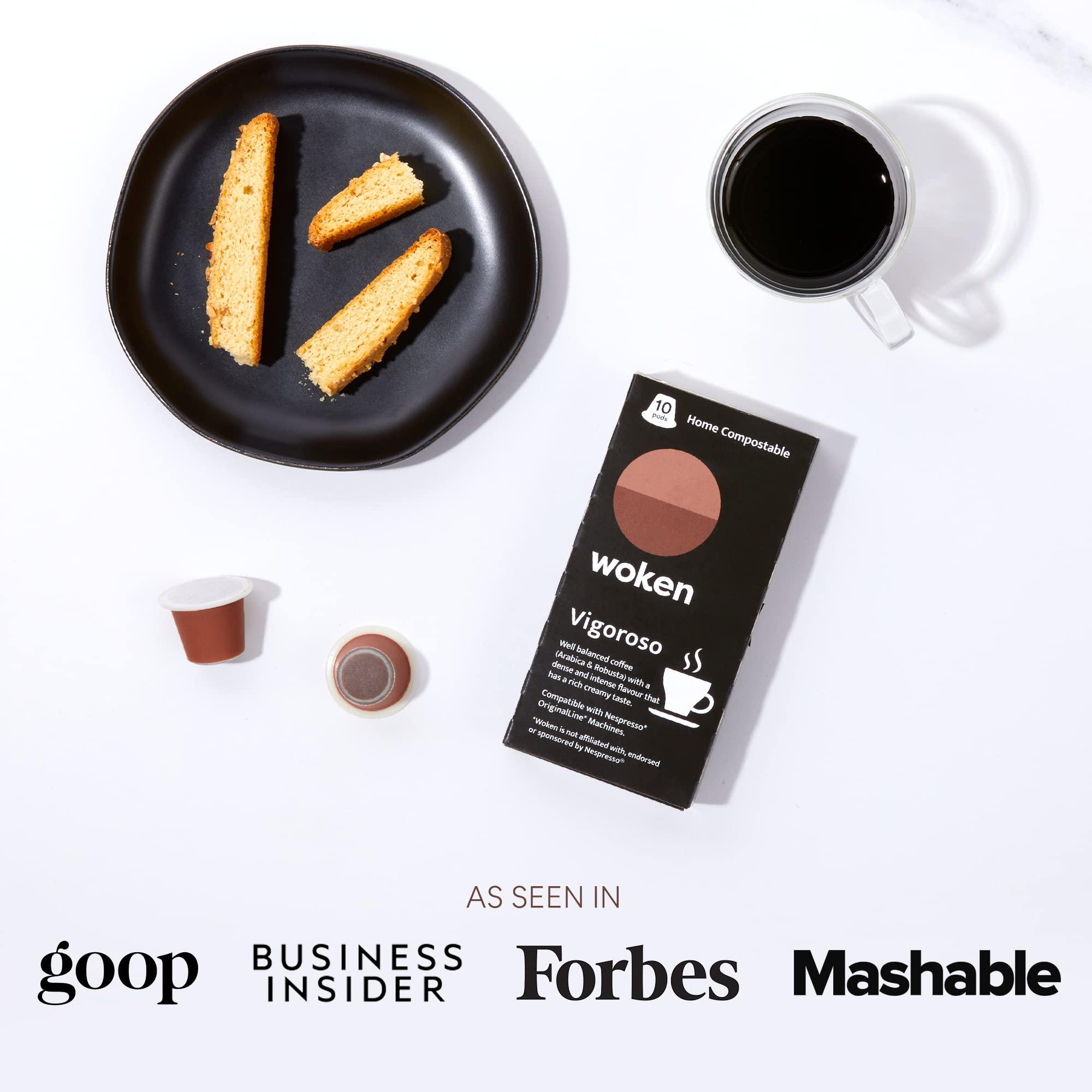 Woken. It\'s a fix WOKEN COFFEE Compostable Nespresso Pods - Vigoroso Dark Roast Italian Espresso Coffee Capsules Compatible With Nespresso Coffee Machine (40 Pod Count, 4 Boxes)