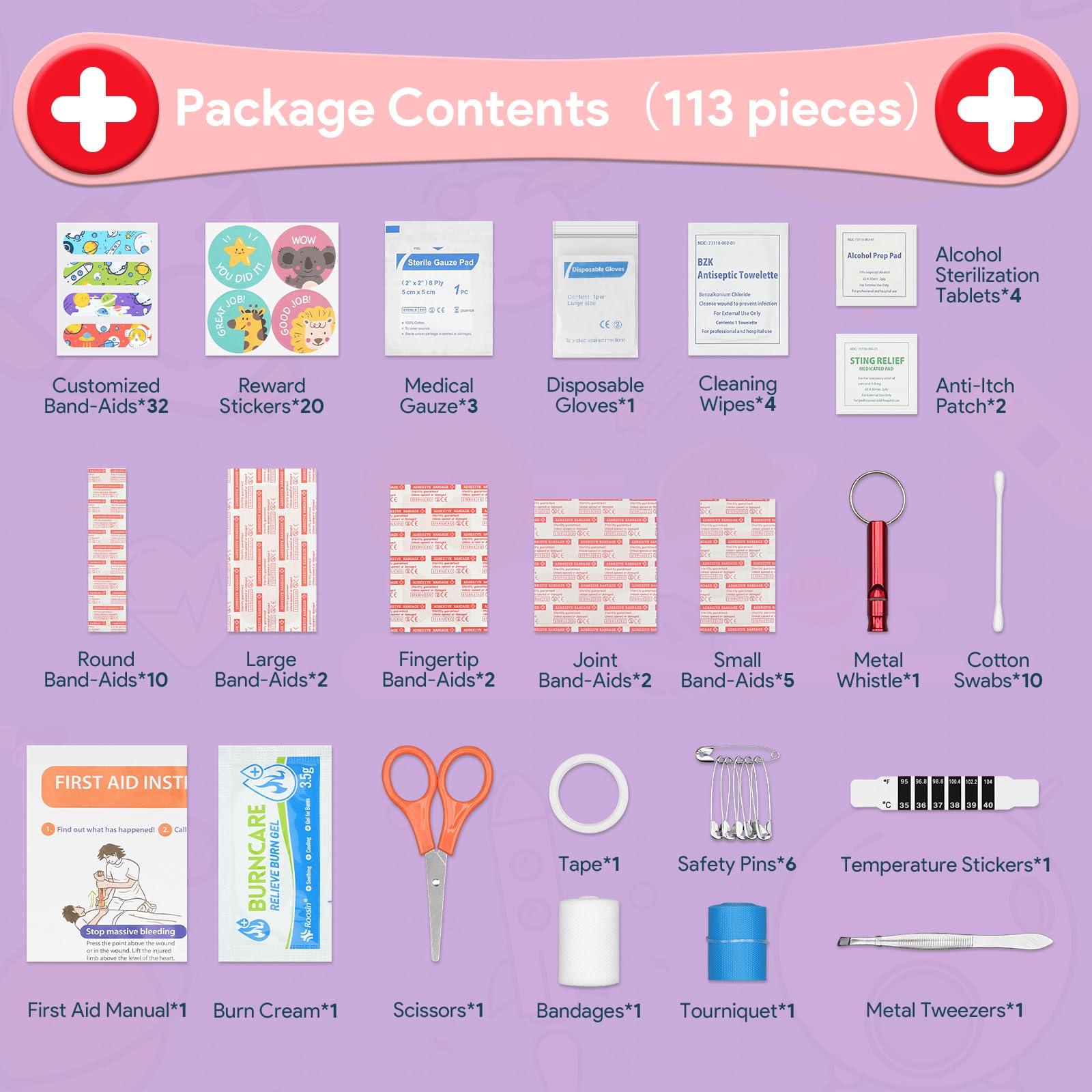 KakuKa Mini First Aid Kit, 113 Pc. Water-Resistant Hard Toddler Kids Small Cute Case for Car, Home - TSA-Approved Travel Size