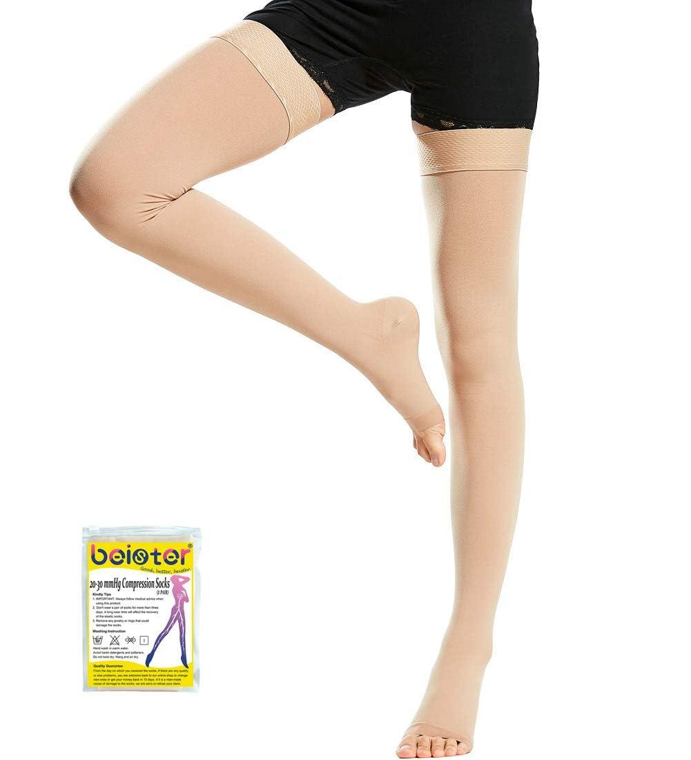 beister Beister 1 Pair Medical Open Toe Thigh High Compression Stockings with Silicone Band for Women & Men, Firm 20-30 mmHg Graduated Support for Varicose Veins, Edema, Flight.