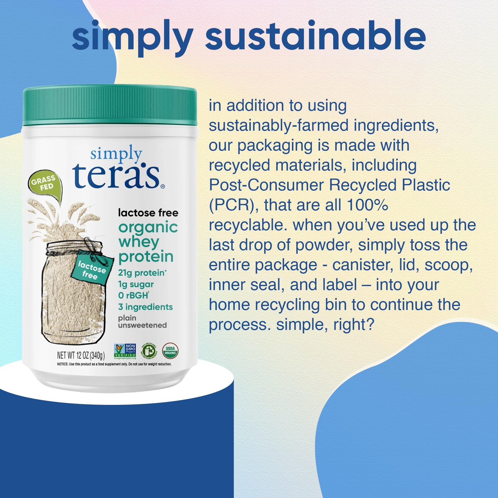 teraswhey Simply tera\'s Lactose Free Organic Whey Protein - Unflavored Protein Powder, Plain Tasteless Protein Powder with 21g of Protein Per Serving, Non-GMO, Gluten-Free, rBGH-Free, Kosher, Organic - 12 Oz