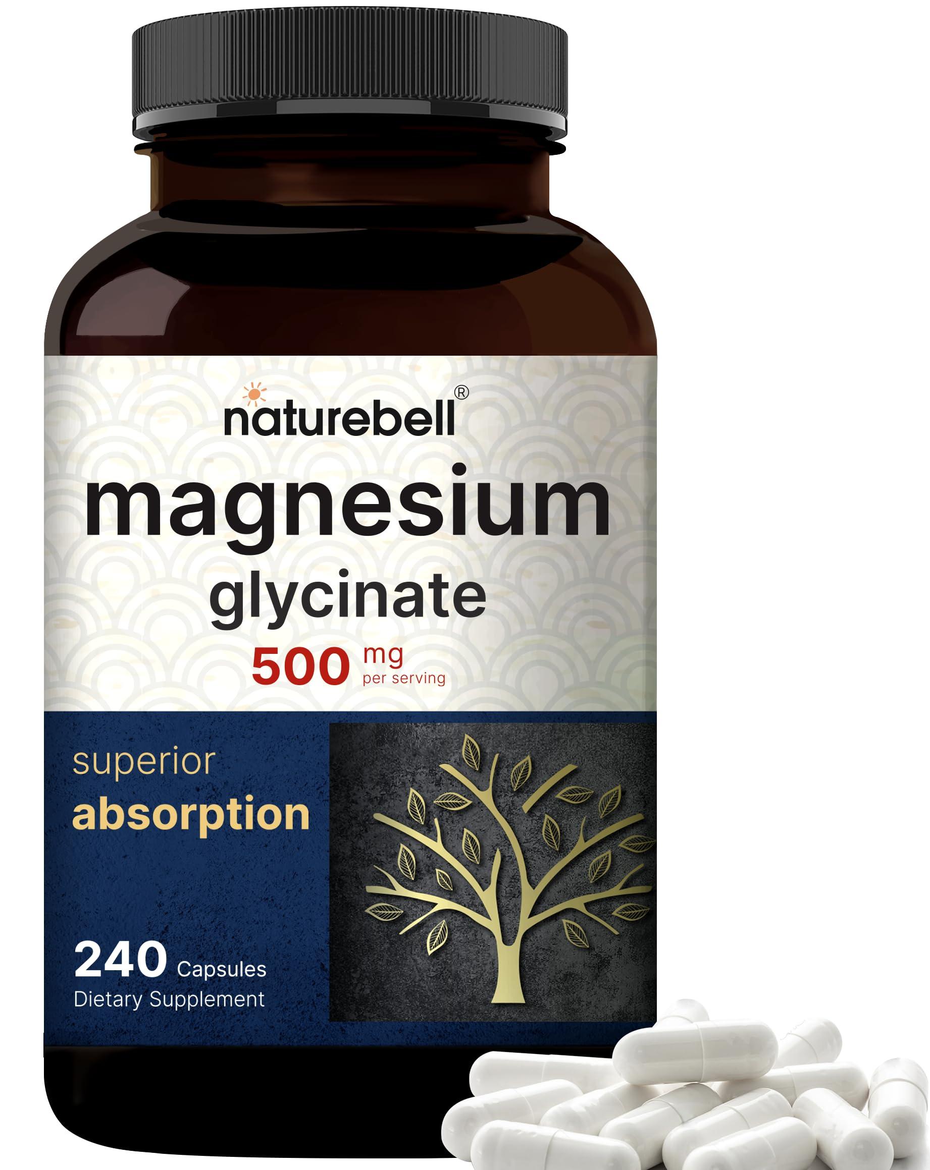 NatureBell Magnesium Glycinate Capsules 500mg | 240 Count, 100% Chelated & Purified, 3rd Party Tested, Non-GMO & Gluten Free