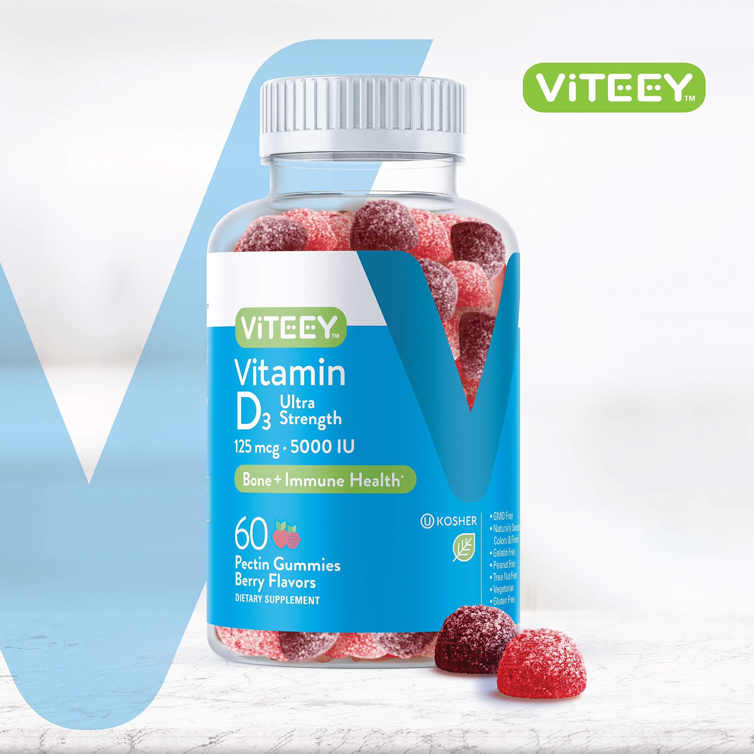 Viteey Vitamin D3 Gummies for Adults & Teens - 5,000 IU, 125mcg, Ultra Strength - Joint & Muscle Health, Immune Boost - Chewable Vitamin D Gummies - Vegetarian, Gelatin Free - Tasty Berry Flavored Gummy