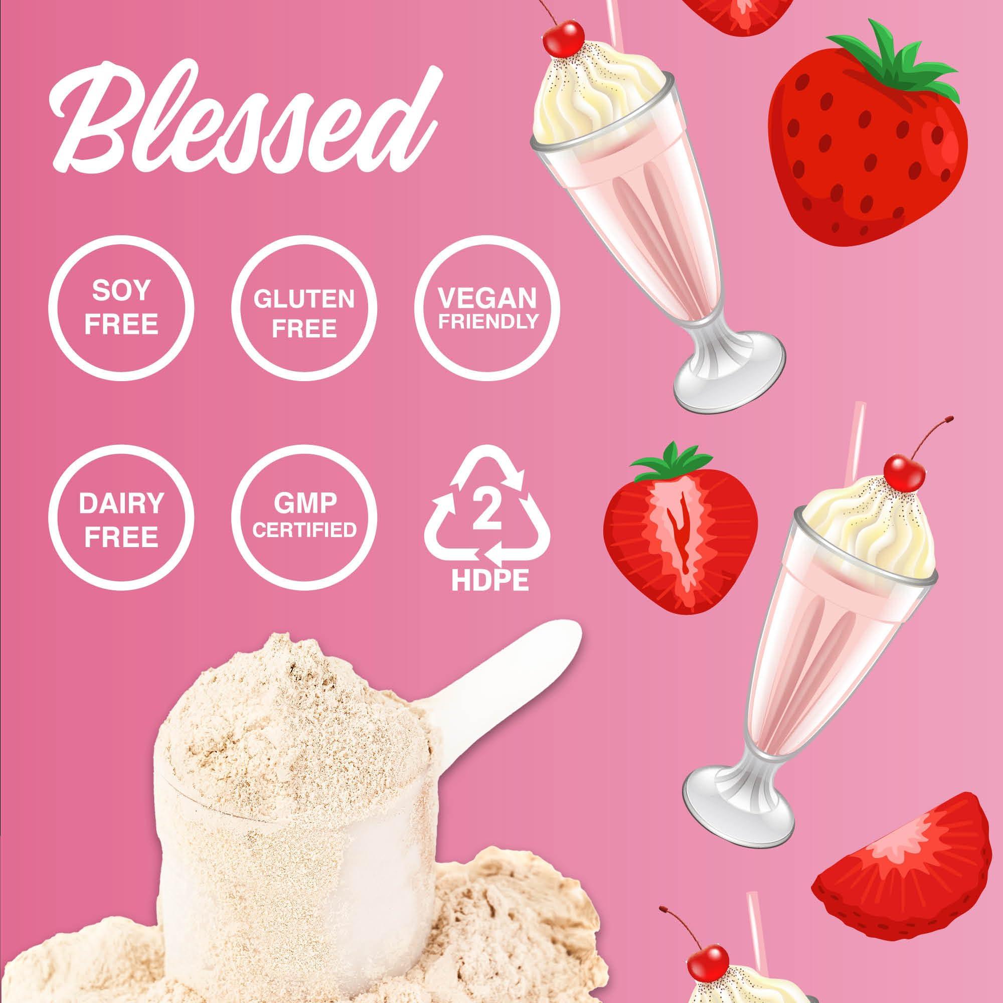 BLESSED BLESSED Vegan Protein Powder - Plant Based Protein Powder Meal Replacement Protein Shake, 23g of Pea Protein Powder, Dairy Free, Gluten Free, Soy Free, No Sugar Added, 30 Servings (Strawberry Mylk)