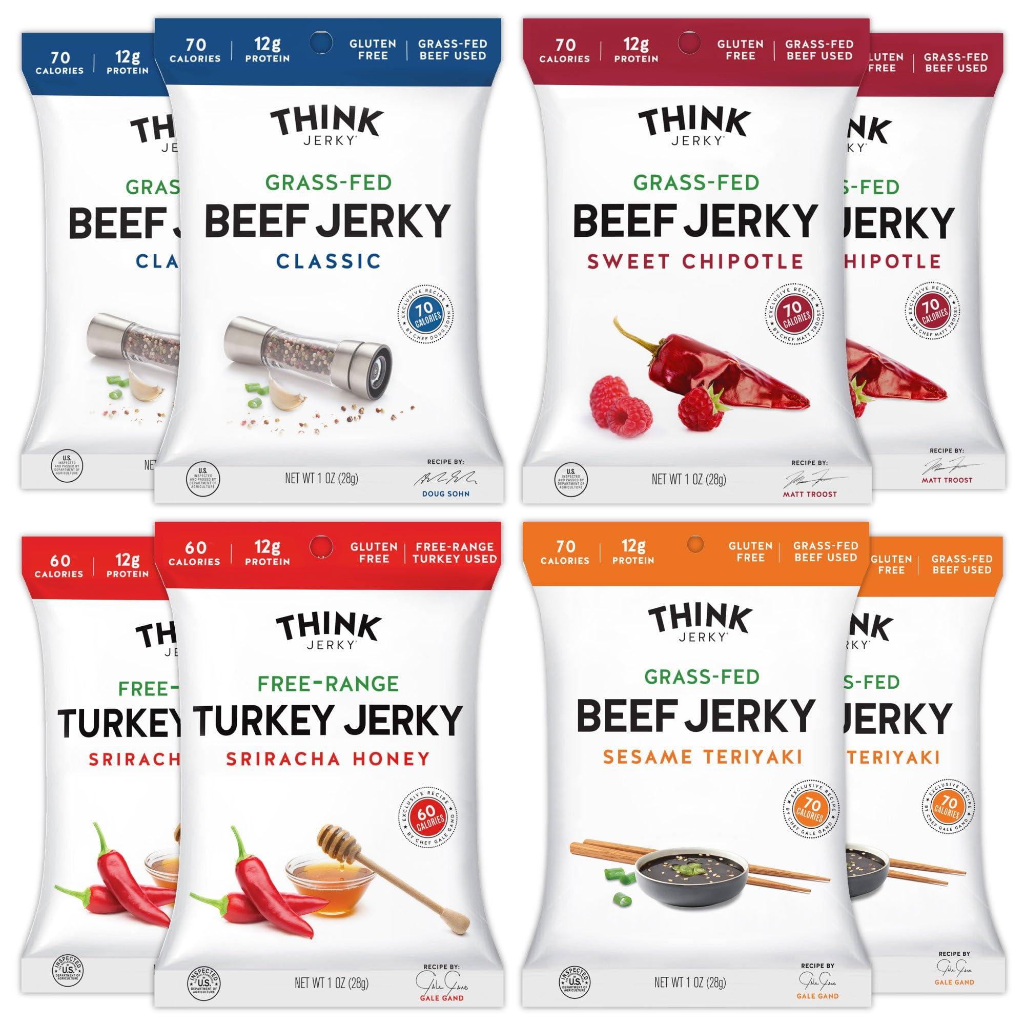 Think Jerky Think Jerky, Beef and Turkey Jerky Variety Pack (1.0 Ounce Bags, Pack of 8) Contains 2 Bags of Each: Classic Beef Jerky, Sweet Chipotle Beef Jerky, Sriracha Honey Turkey Jerky, and Sesame Teriyaki Beef Jerky - Healthy Jerky Snack, Low Calorie, Low Fa