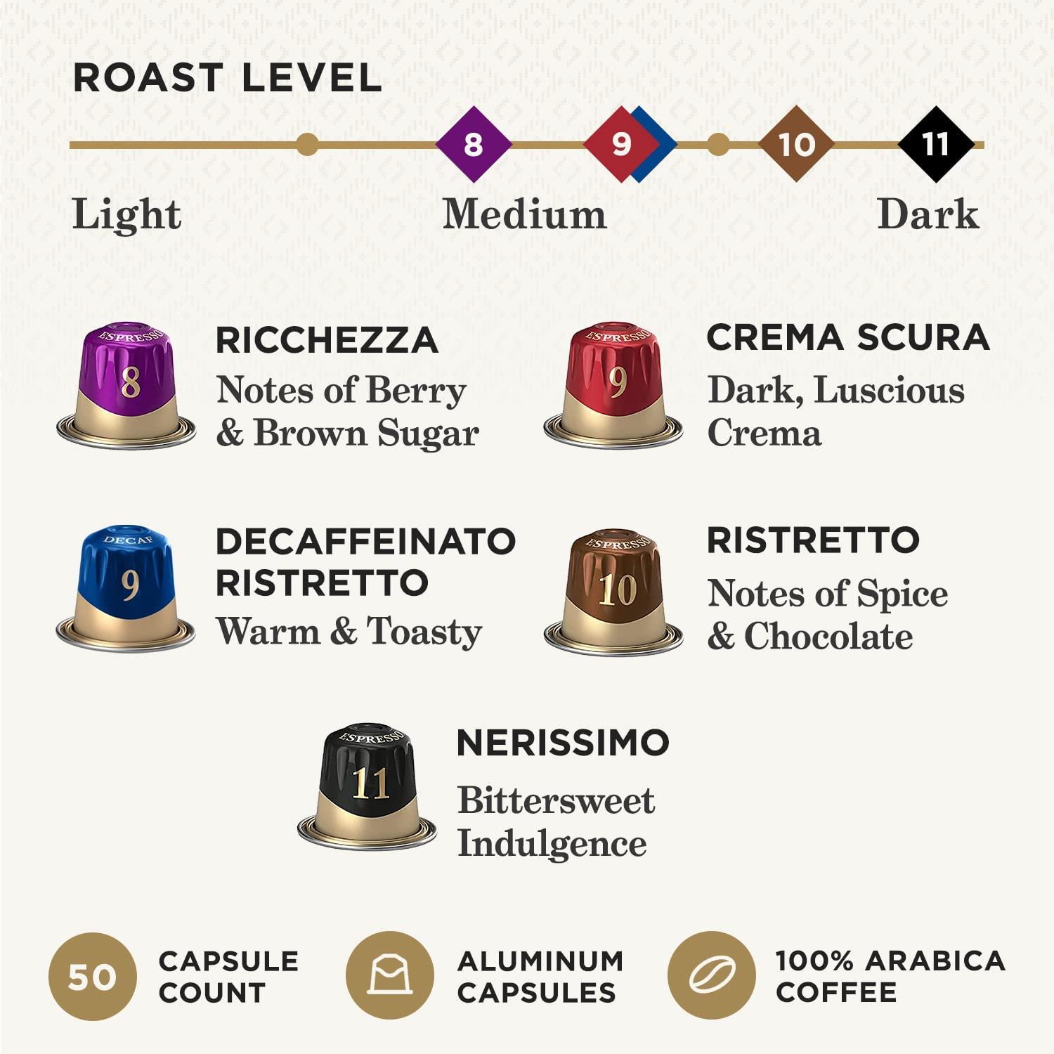 Peet's Coffee Peet\'s Coffee, Dark and Medium Roast Espresso Capsules Variety Pack with Decaf, Compatible with Nespresso Original Machine - Intensity 8-11, 50 Count (5 Boxes of 10 Espresso Capsules)