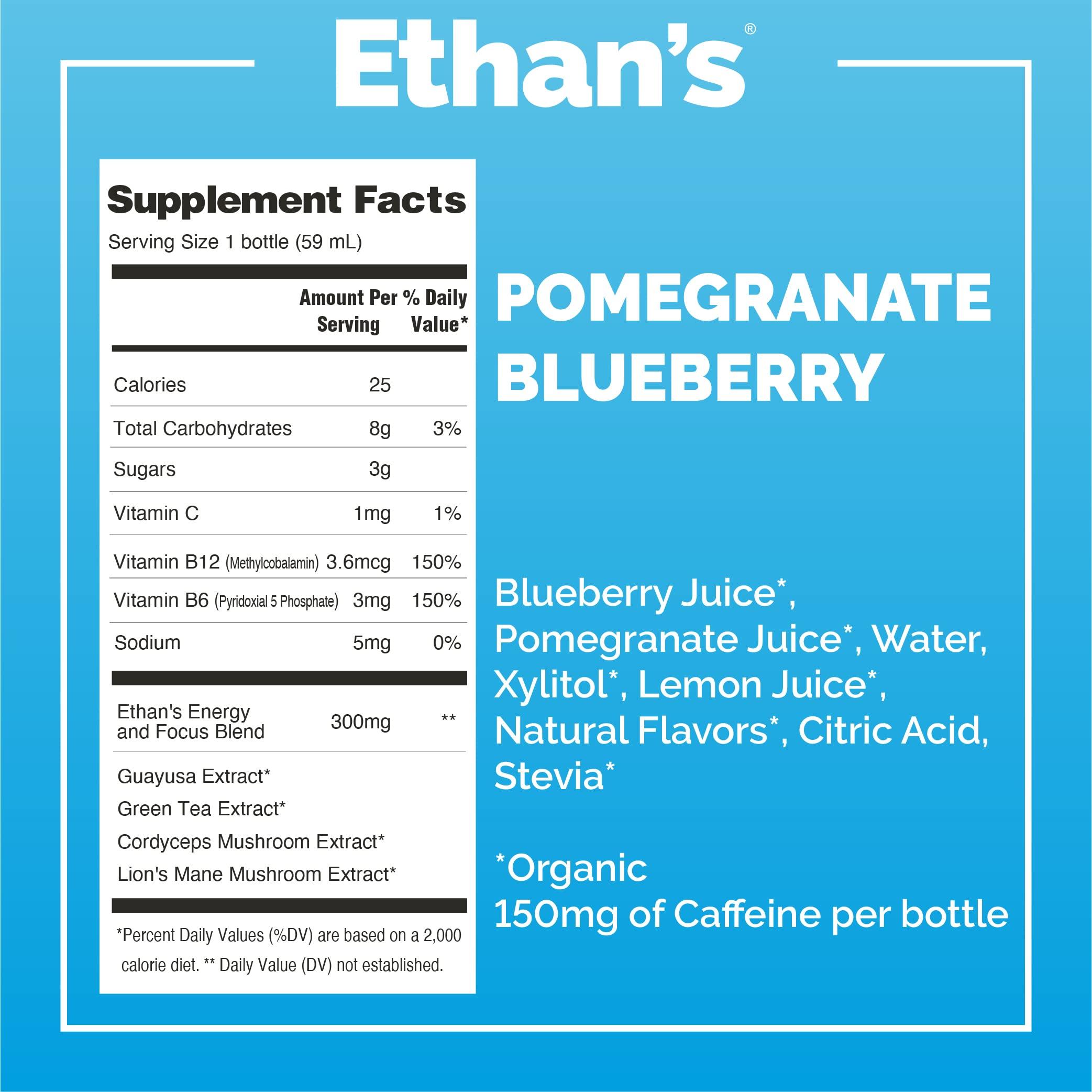Ethan's Ethan\'s Organic Clean Energy Shots Pomegranate Blueberry, Sugar Free Natural Pre-Workout Focus Boost, Gluten Free, Vegan, B6 & B12 Vitamin C with Green Tea Extract and Guayusa (12 Pack of 2oz Shots)