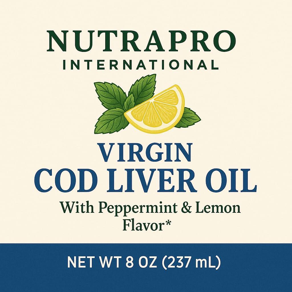 NutraPro International Virgin Cod Liver Oil - 8 Fl oz Natural, Wild Caught & Fresh Tasting,.High in Vitamin D, Omega 3 DHA/EPA (Peppermint Flavored)