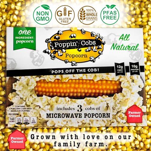 Poppin' Cobs Microwave Popcorn on the Cob - Pops off the Cob | Poppin\' Cobs Popcorn | Individually Wrapped Popcorn Cobs with 3 Bags For Popping | Single Ingredient | Gluten Free | Non-GMO | Single Harvest | Farm Fresh | Farmer Owned