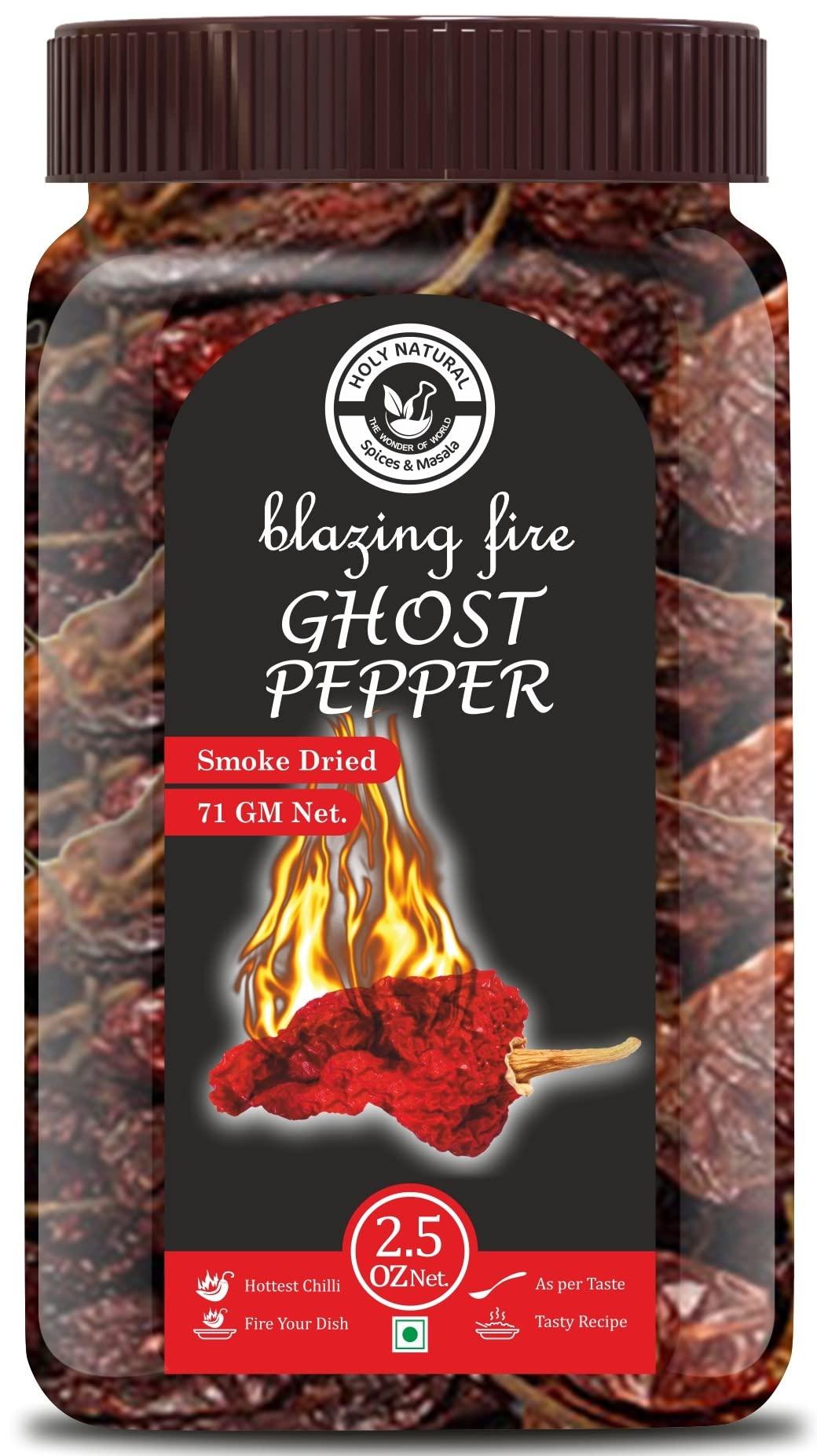 Holy Natural - The Wonder of World Ghost Pepper Chili Whole (Bhut Jolokia Chili/Ghost Pepper Pod) – 2.5 oz/71 gm, 100% Pure, Smoked, Hottest & Spicy Chili of the world, Add Unique, Delicious, and Smoky Flavour to Your Favourite Dishes