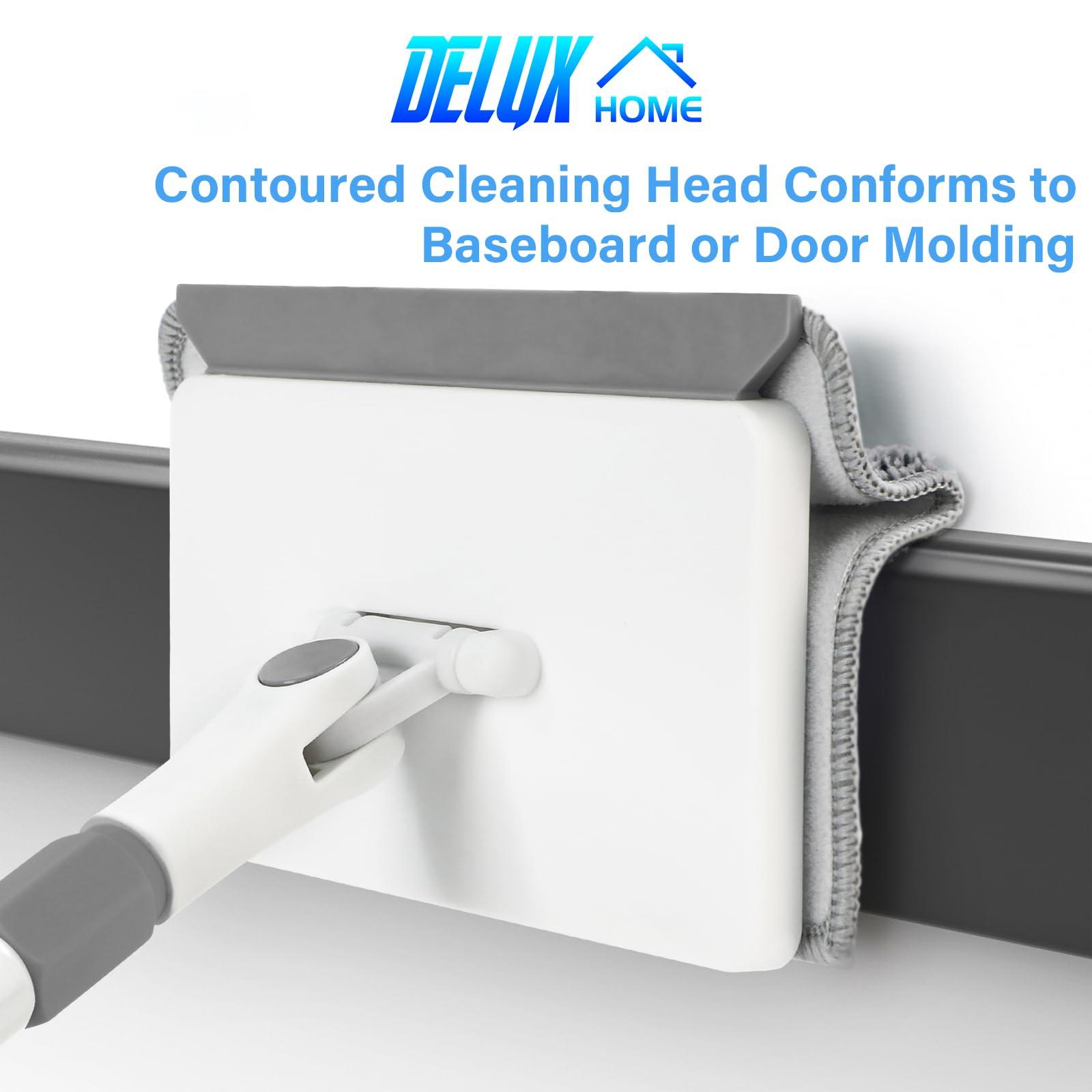 DELUX Baseboard Cleaner Tool with Handle, Baseboard Cleaner with Extendable Long Handle, 4 Reusable Cleaning Pads Wall Cleaner for Baseboards Cleaning, Ceiling, Wall, Floor, Shower Bathroom Kitchen