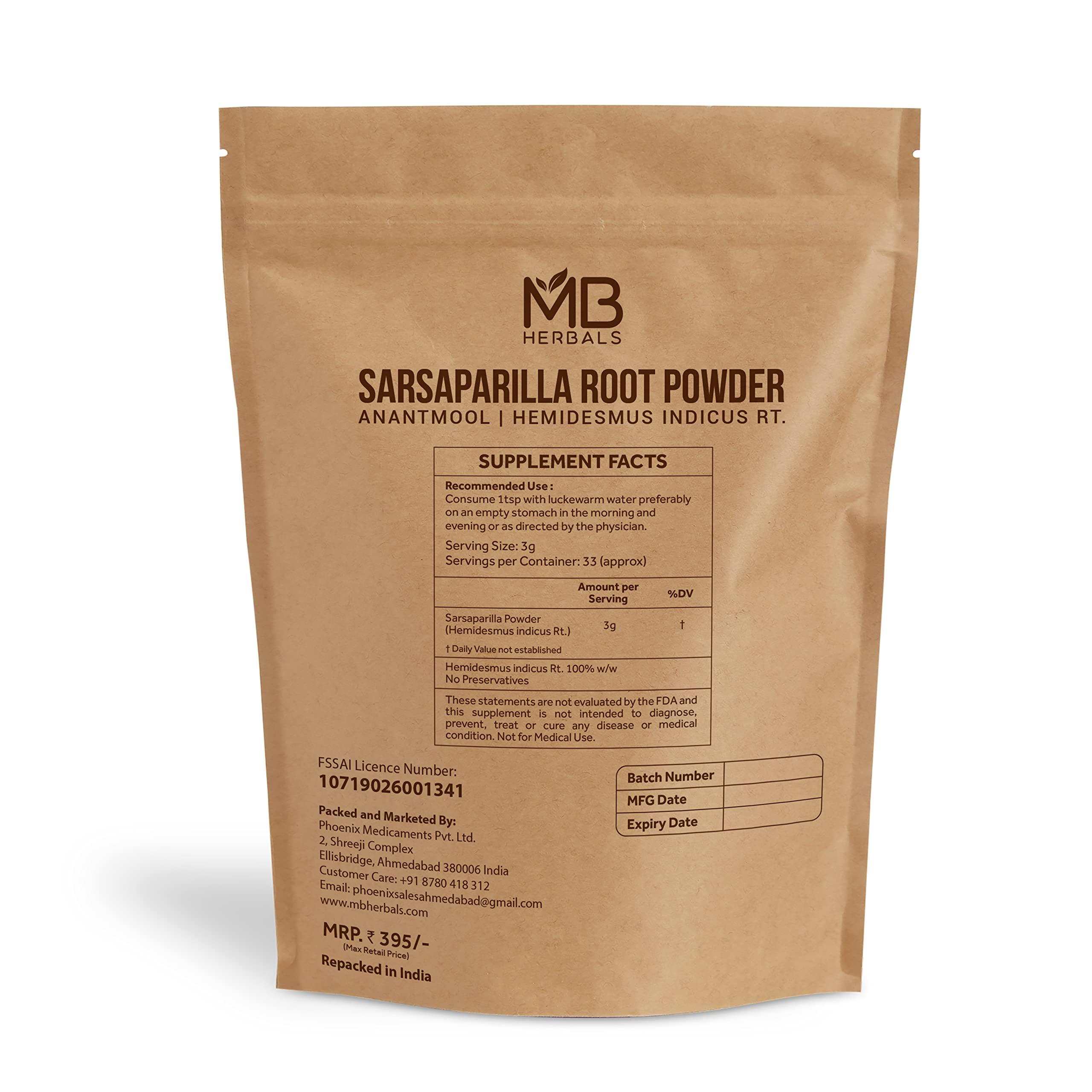 MB Herbals MB Herbals Sarsaparilla Root Powder 100 Gram (3.5 oz) | Nannari Root Powder/Anantmool Powder | Hemidesmus indicus Root Powder