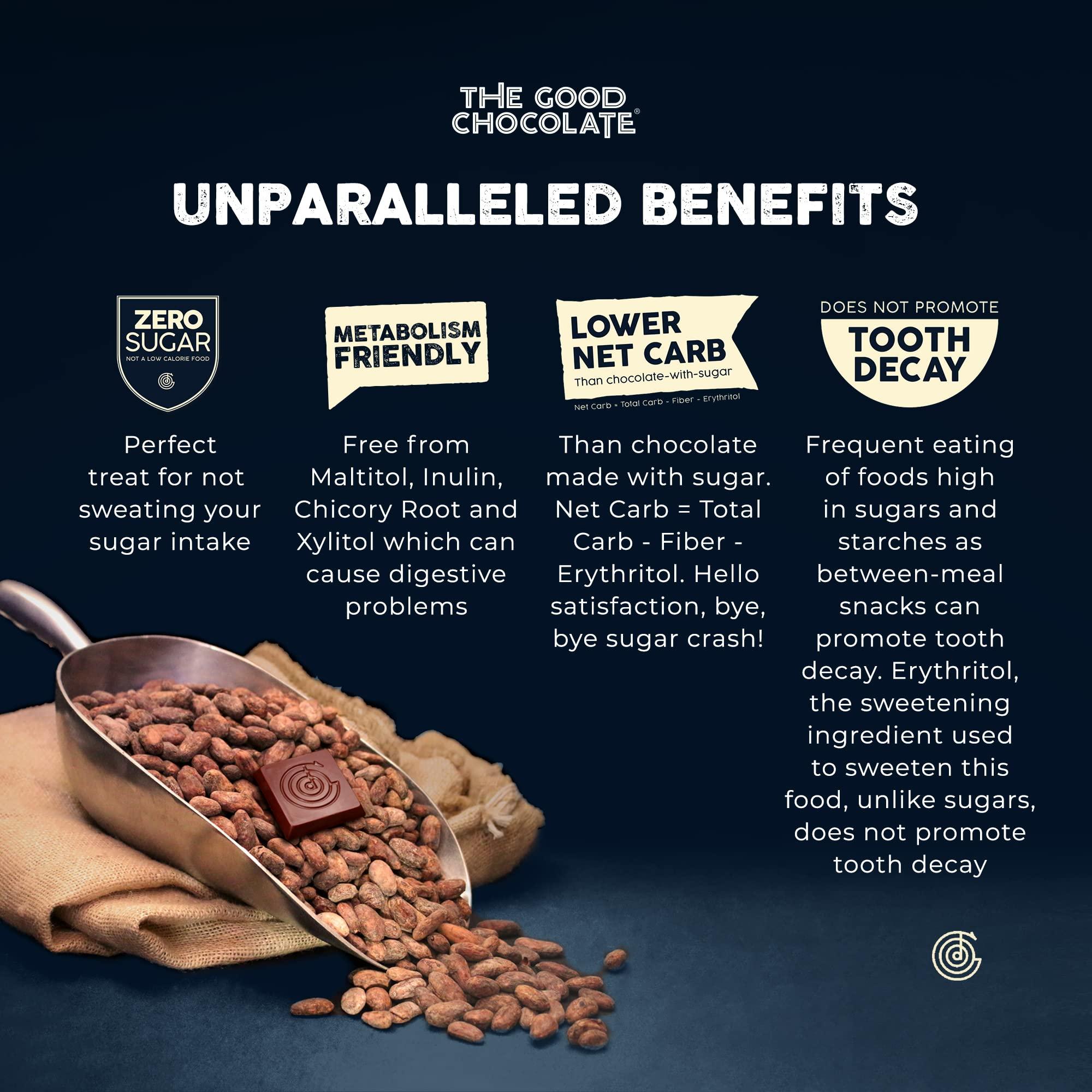 The Good Chocolate THE GOOD CHOCOLATE - Keto Chocolate Variety Pack with Zero Sugar & Lower Net Carb Snack - Keto Chocolate Bars offer Lower Calorie Chocolate Candy - Keto Snacks Low Carb - 6 Flavors, 18 Square Pack